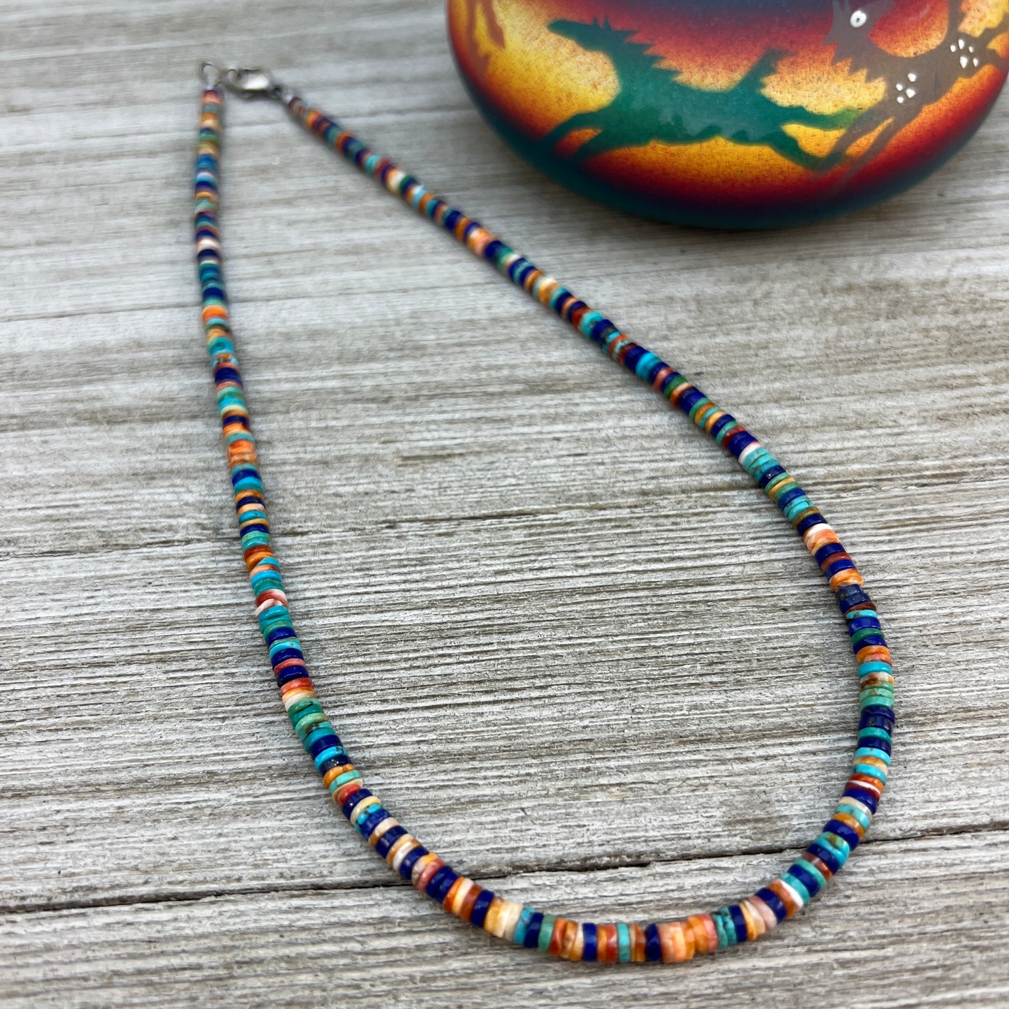 17", 4mm heishi bead necklace choker, blue turquoise lapis red orange spiny oyster shell