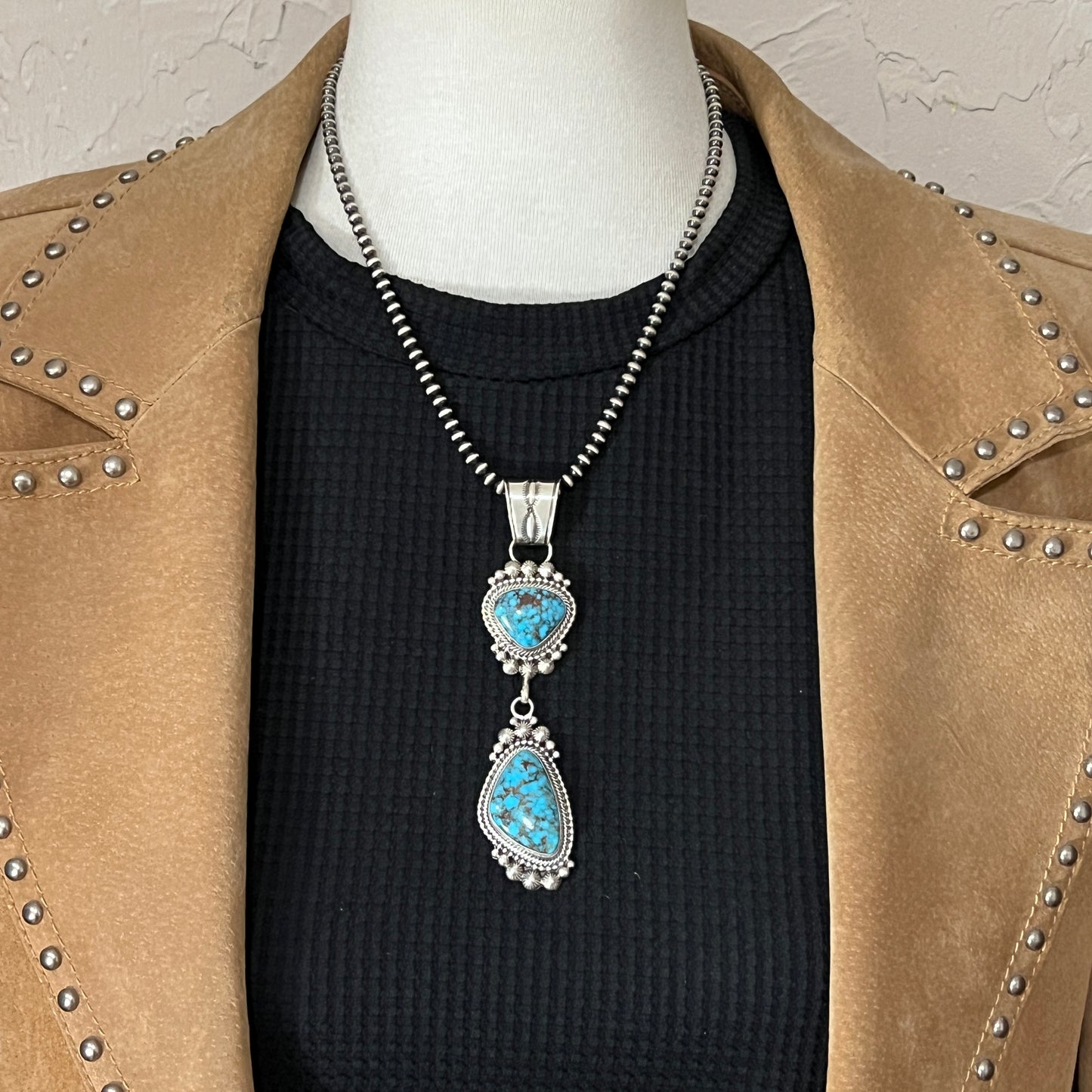 Blue Kingman Spiderweb Turquoise Pendant 2 Navajo Sterling Silver Tom Lewis