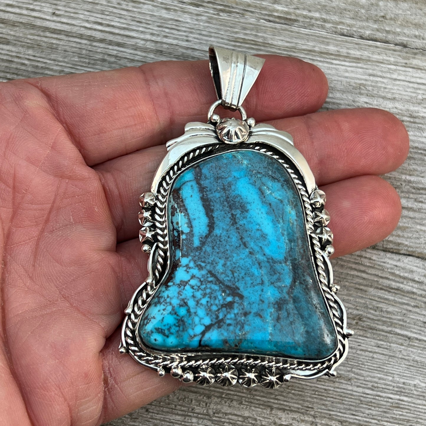 Smokey Blue Kingman Turquoise large Pendant Navajo Rita Long Sterling silver