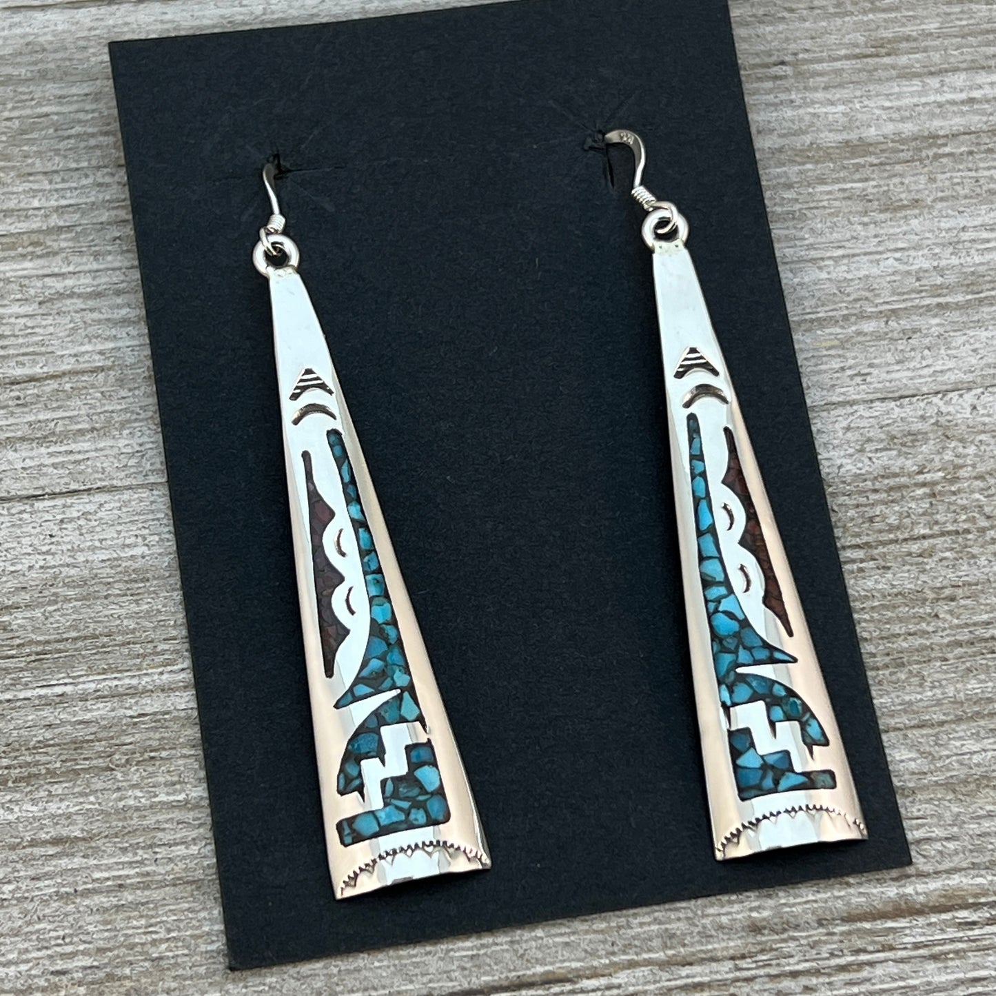 Turquoise coral chip inlay long earrings Navajo handmade signed Jolene Yazzie 1