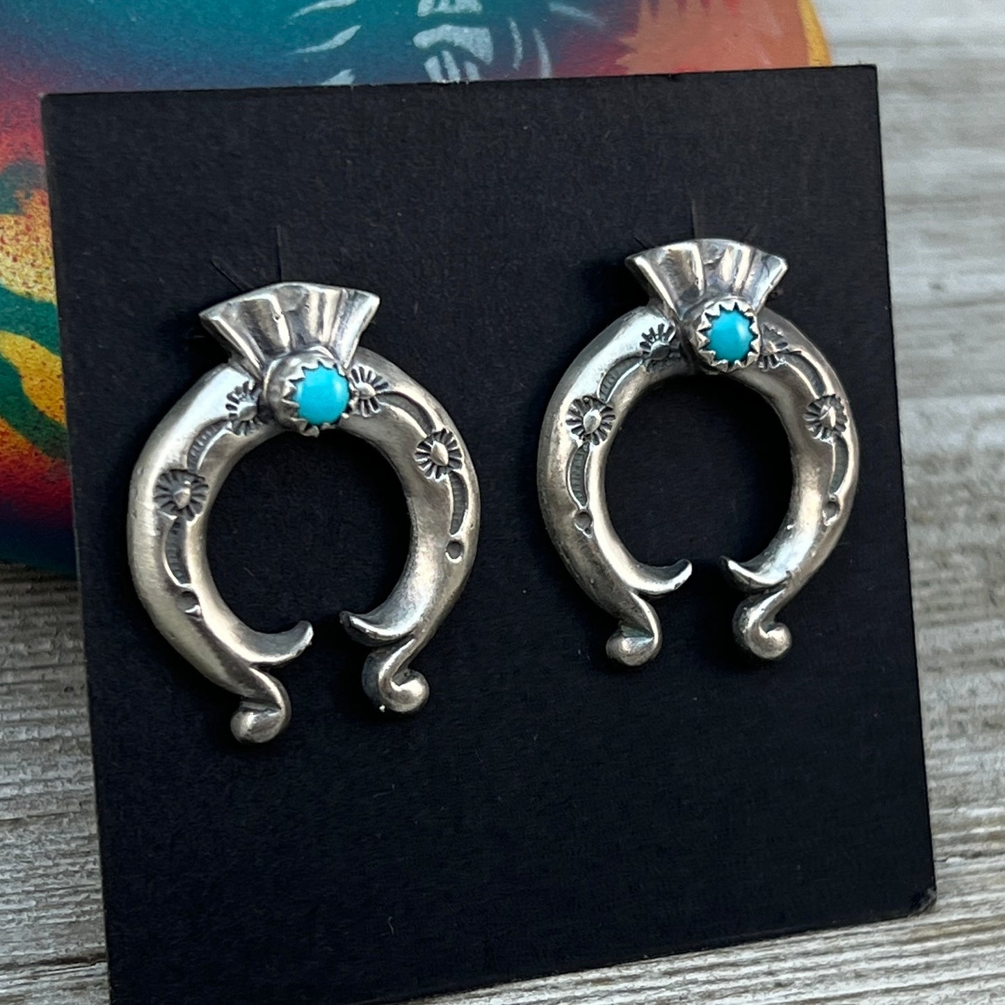 Blue Turquoise Naja stud Earrings Navajo handmade Adrienne Gordan Sterling Silver 4