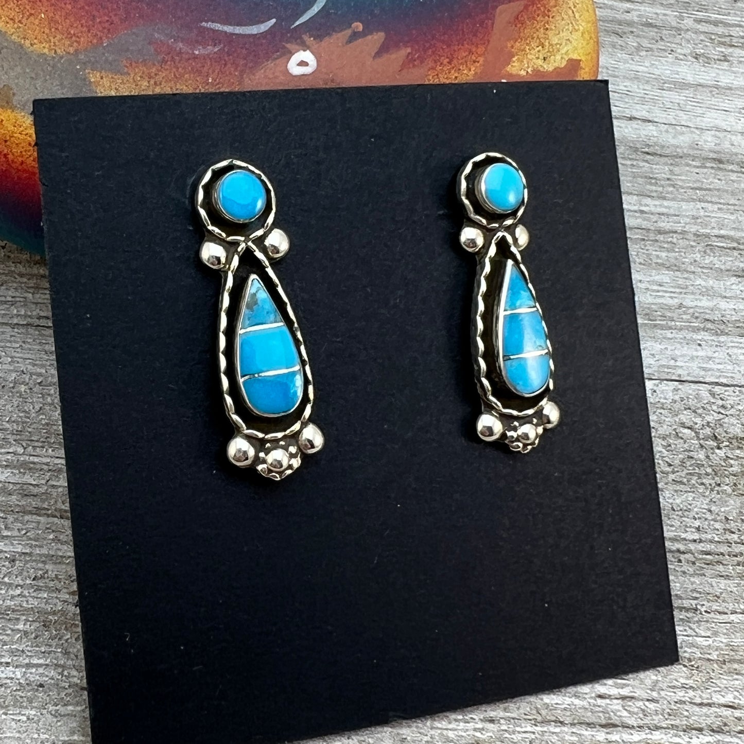 Sterling silver turquoise inlay teardrop stud earring #1, simple design Carina Leekity