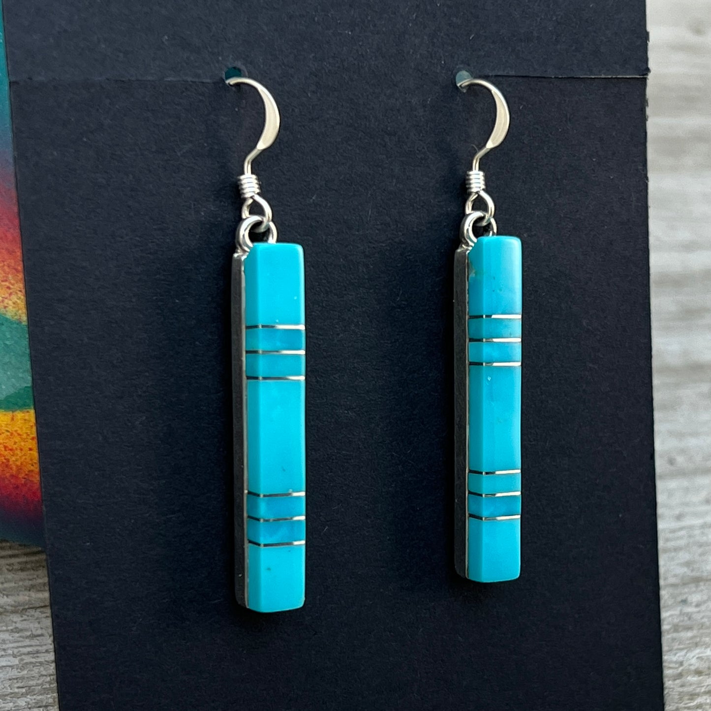 Modern Blue Turquoise inlay bar dangle earrings 3 sterling silver Zuni MaDerral Kallestewa