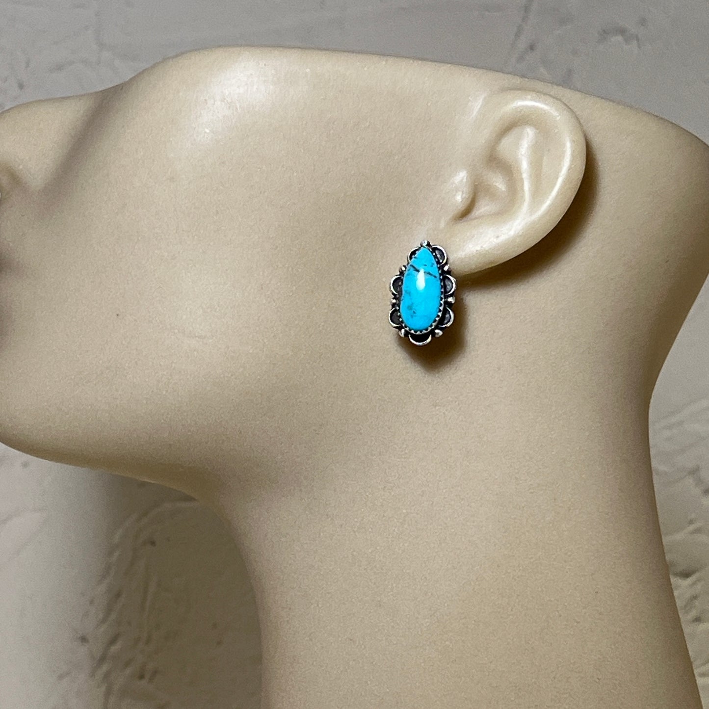 Blue Kingman Turquoise teardrop stud earrings sterling silver Freda Martinez