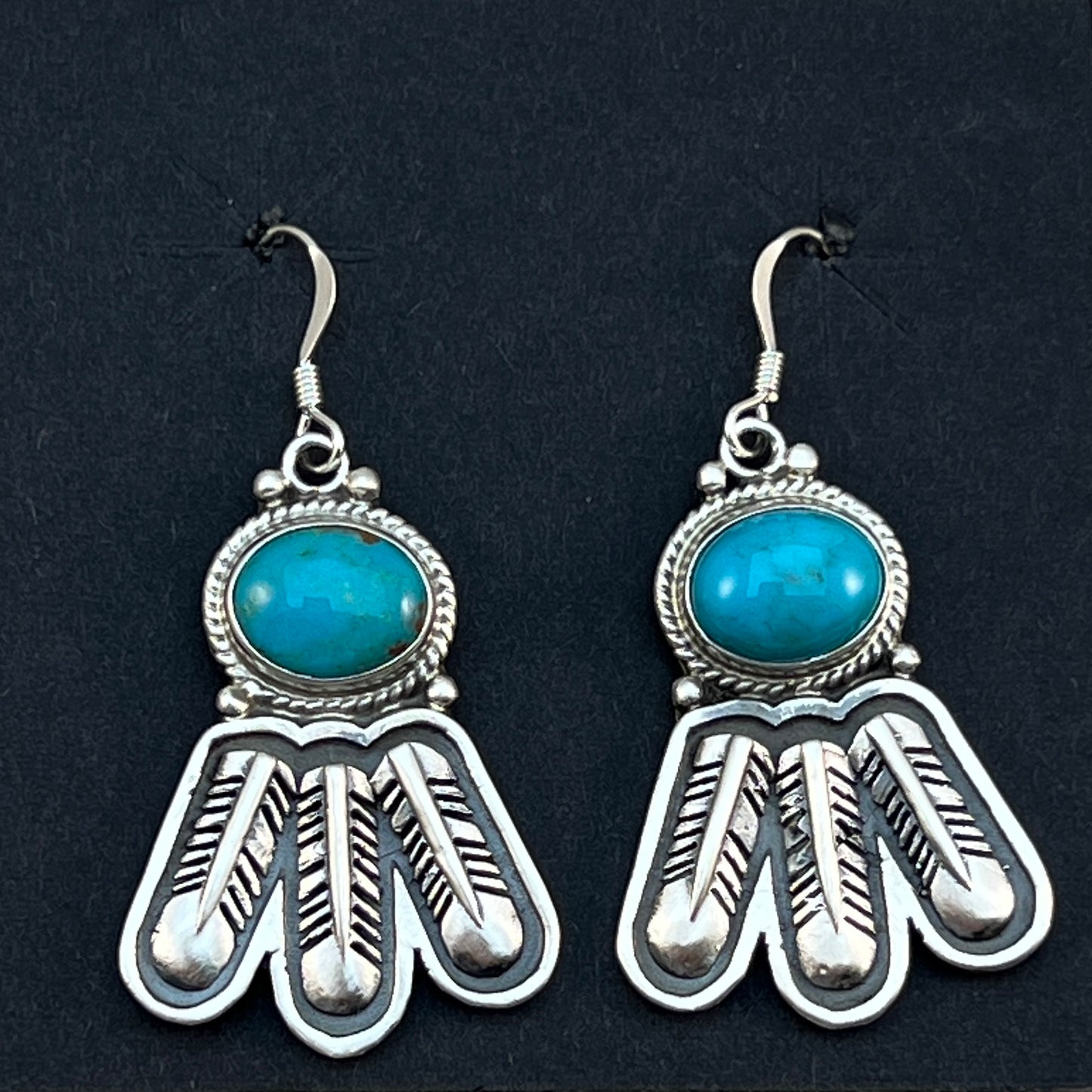 Turquoise feather dangle earrings sterling silver Navajo Sharon McCarthy 453