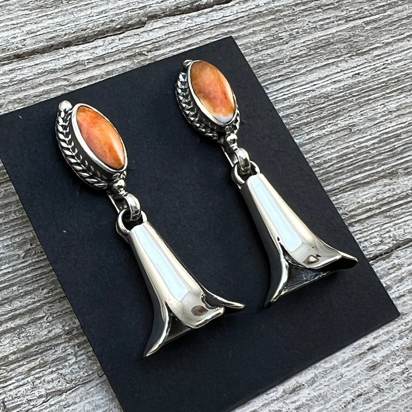 Orange Spiny Squash Blossom dangle earrings sterling silver turquoise Sheena Jack 411