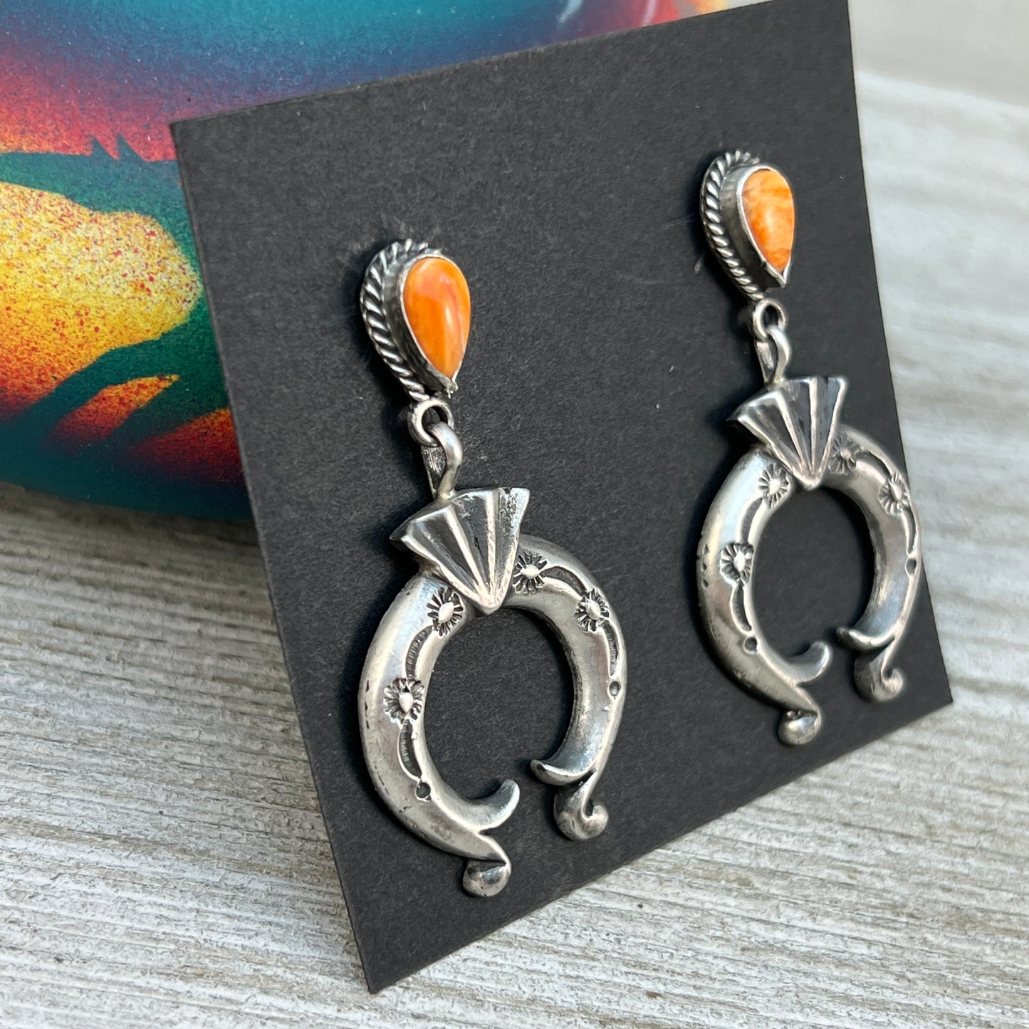 Orange Spiny Oyster Shell dangle Naja earrings sterling silver Navajo Adrienne Gordon 4