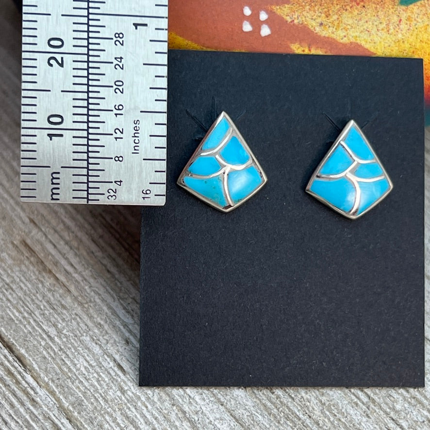 Small Zuni Fish scale inlay turquoise stud post earrings, Orena Leekya 2