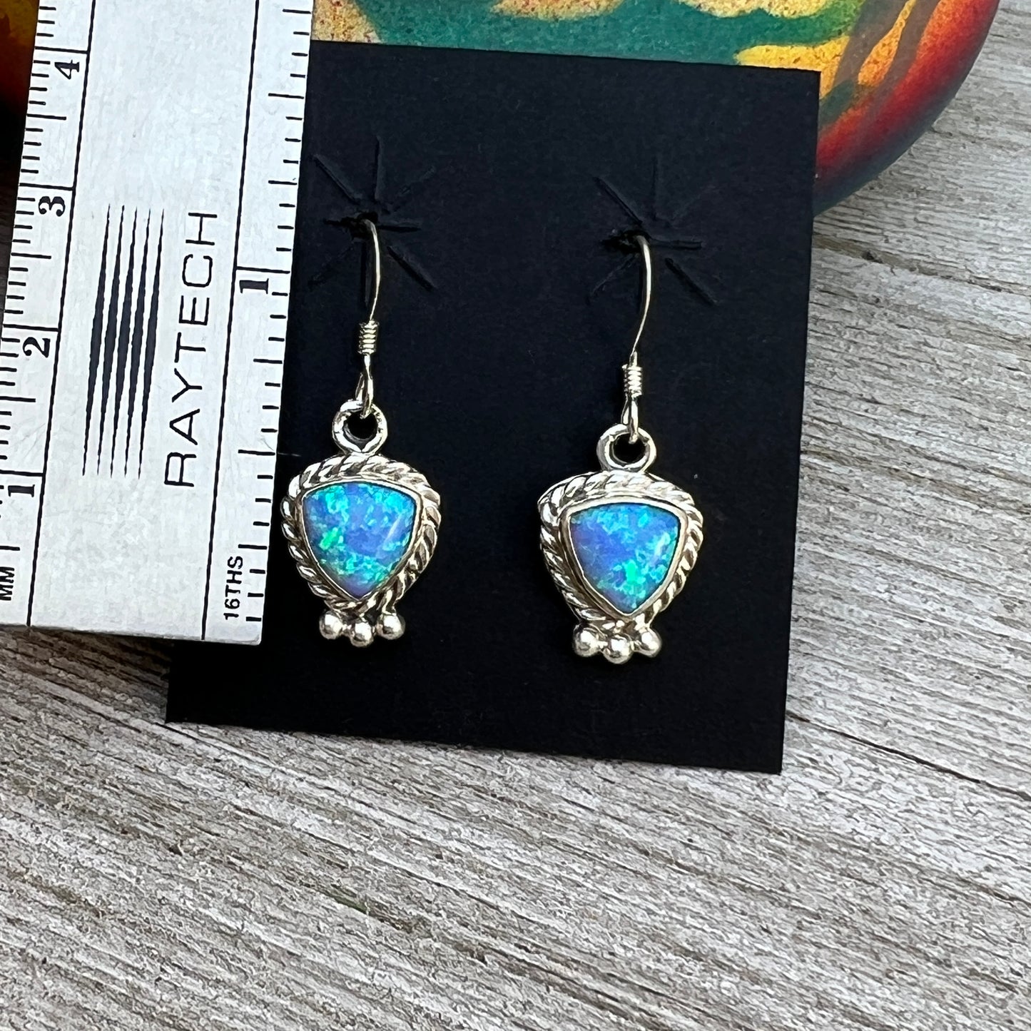 Blue Opal trillion Dangle earrings, small handmade Sterling Silver