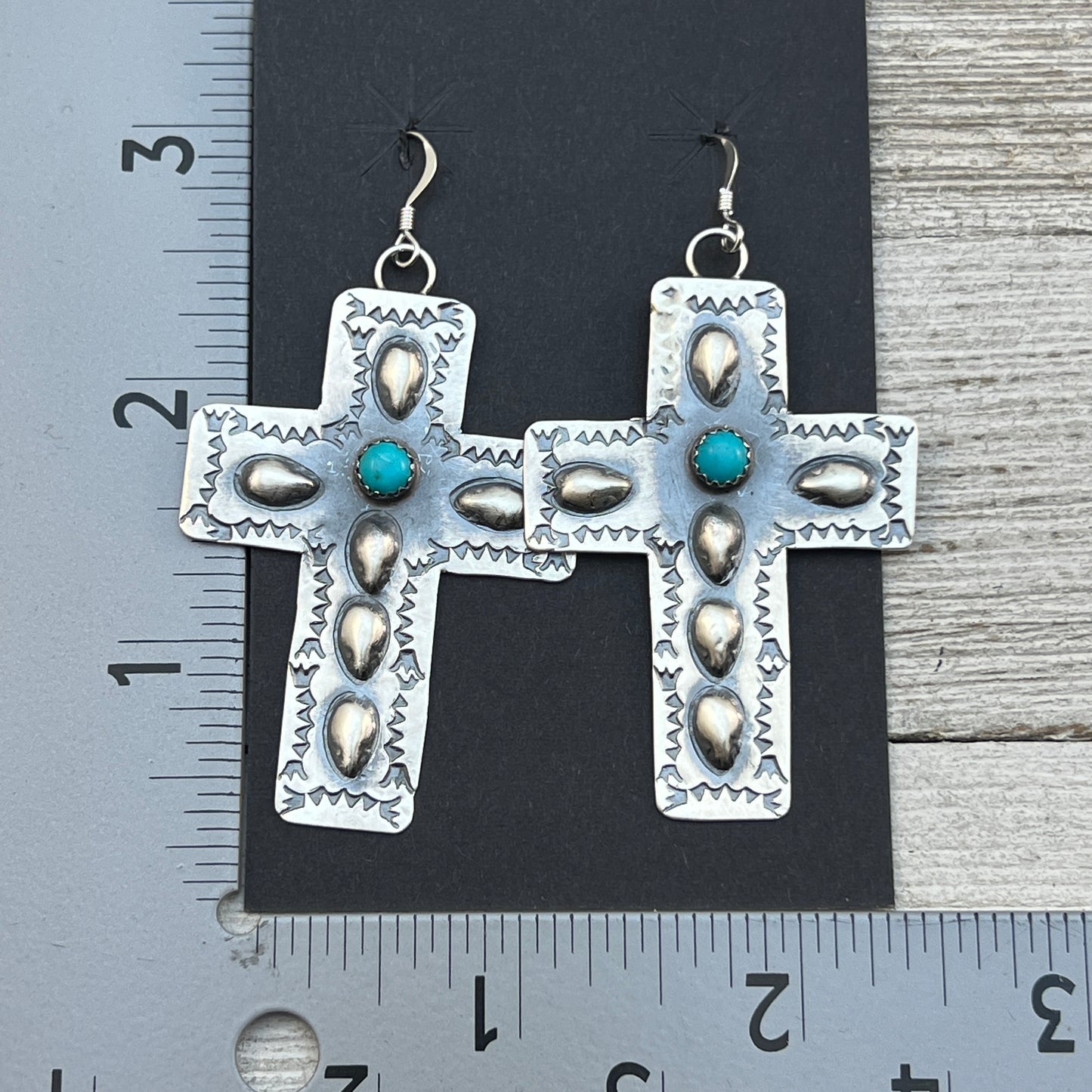 Navajo handmade large cross dangle earrings sterling silver turquoise Tim Yazzie 399
