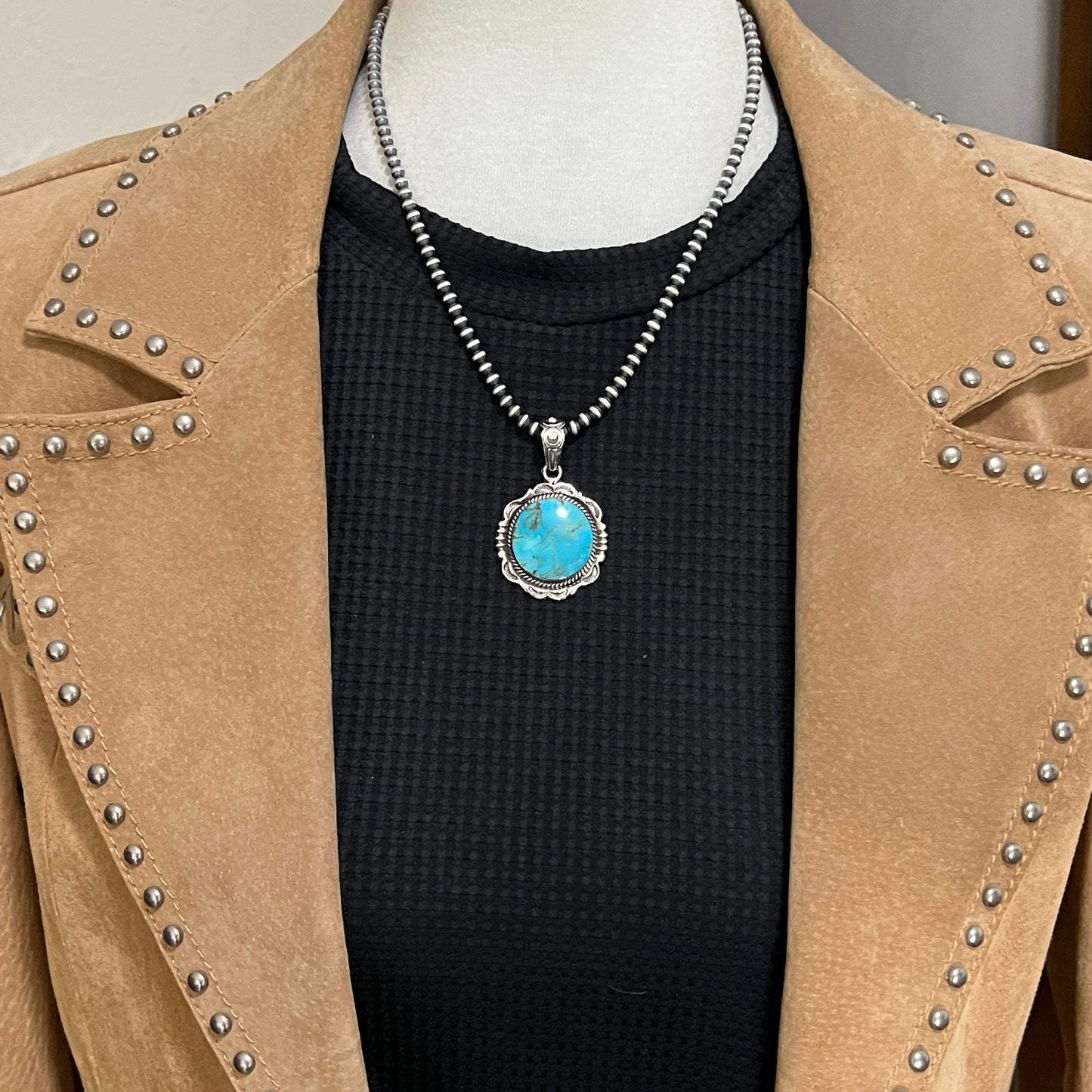 Kingman Turquoise Pendant Sterling silver Navajo handmade Jeremy Delgarito 555