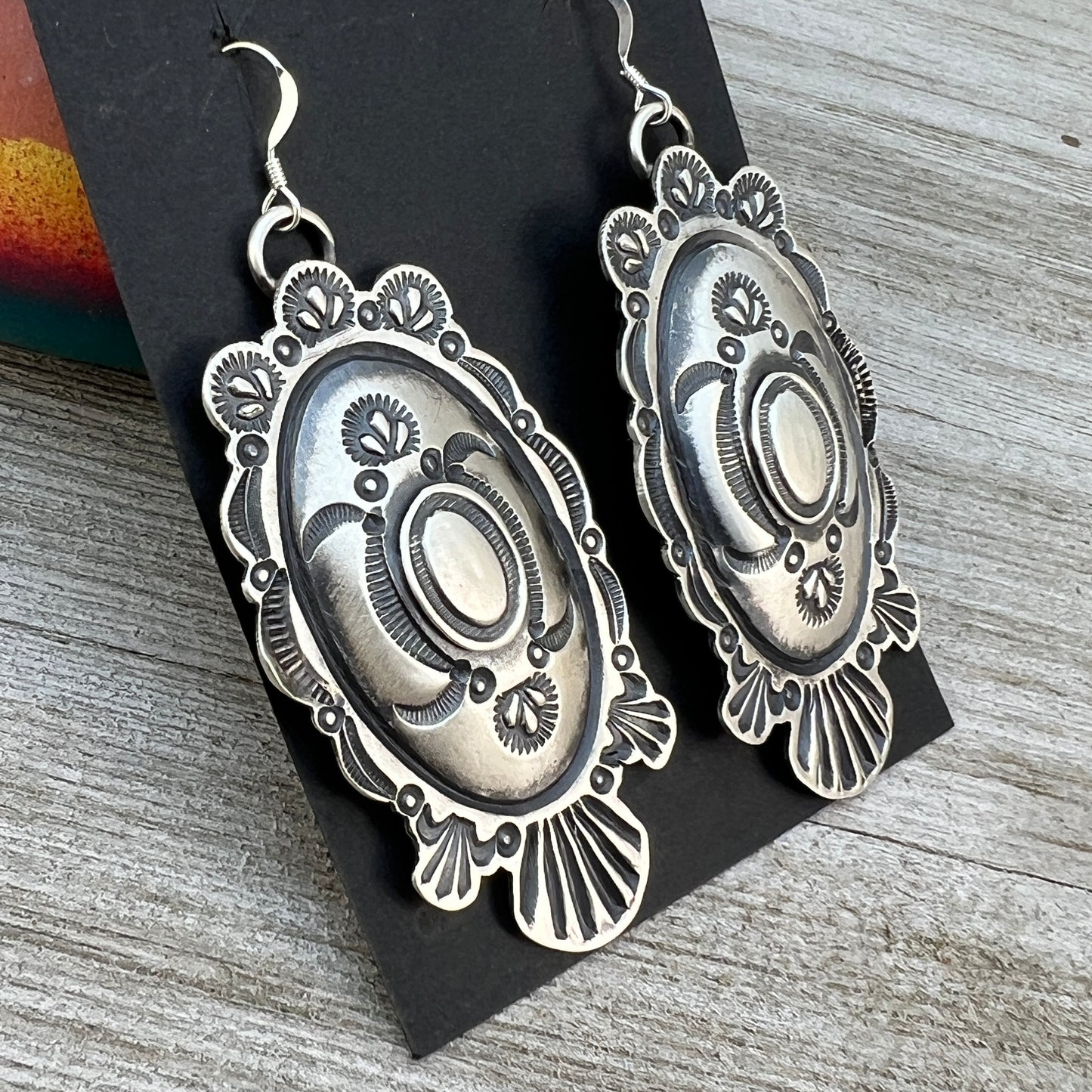 Hand Stamped oval concho earrings, sterling silver, Eva and Linberg Billah