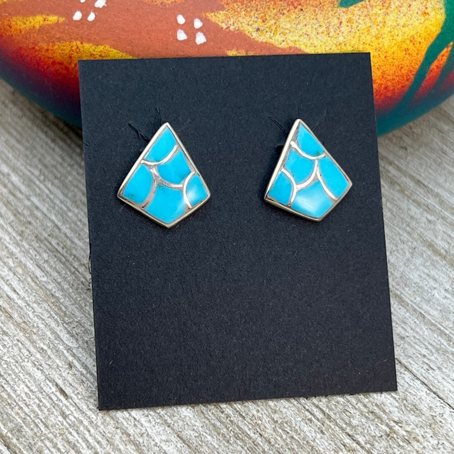 Small Zuni Fish scale inlay turquoise stud post earrings, Orena Leekya 1