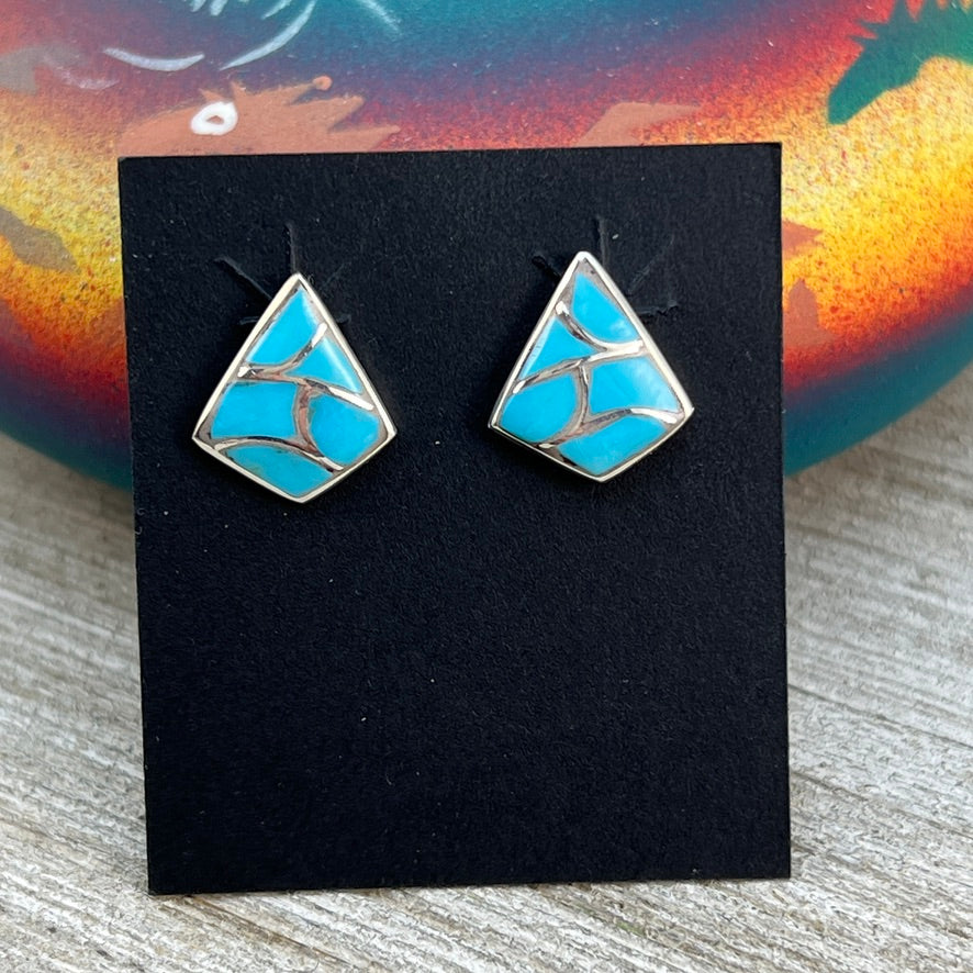 Small Zuni Fish scale inlay turquoise stud post earrings, Orena Leekya 3