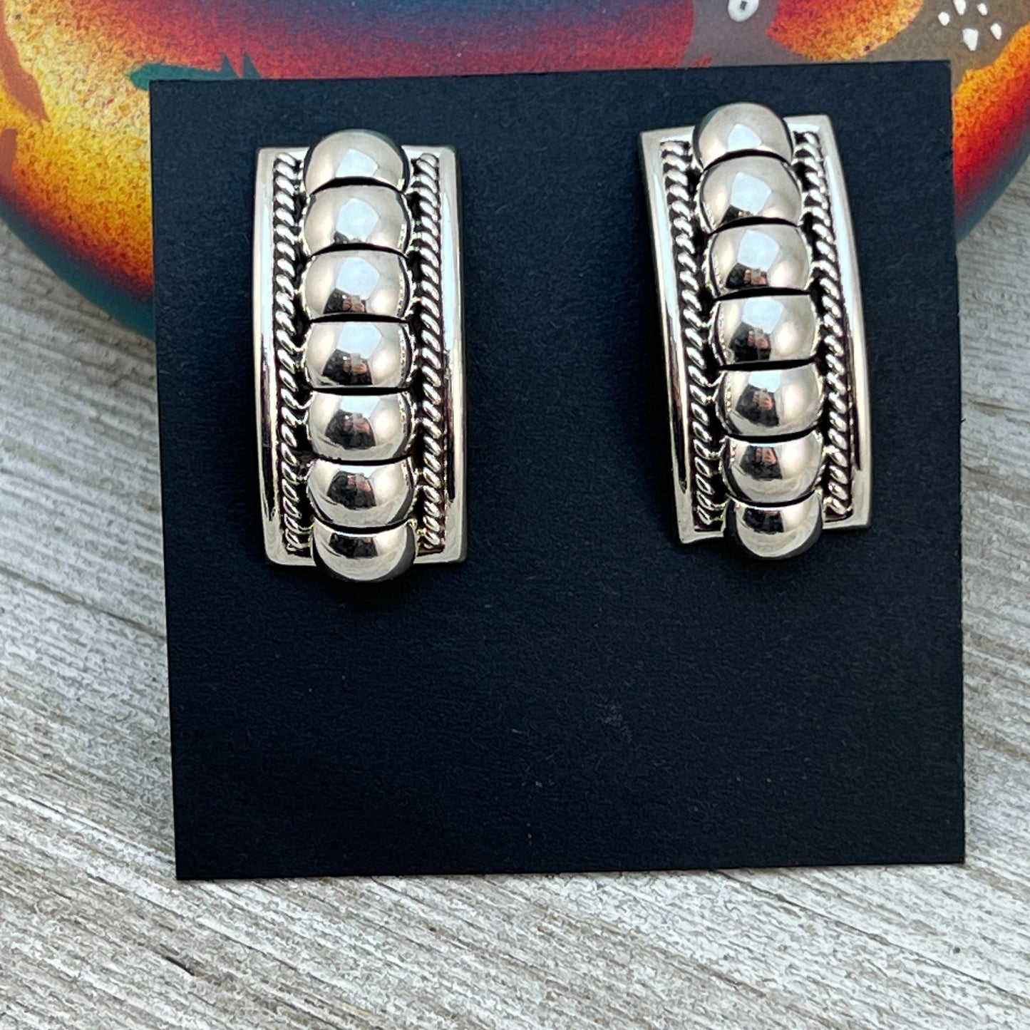 Modern Sterling silver Navajo handmade Bar ribbed rectangle earrings, Thomas Charley