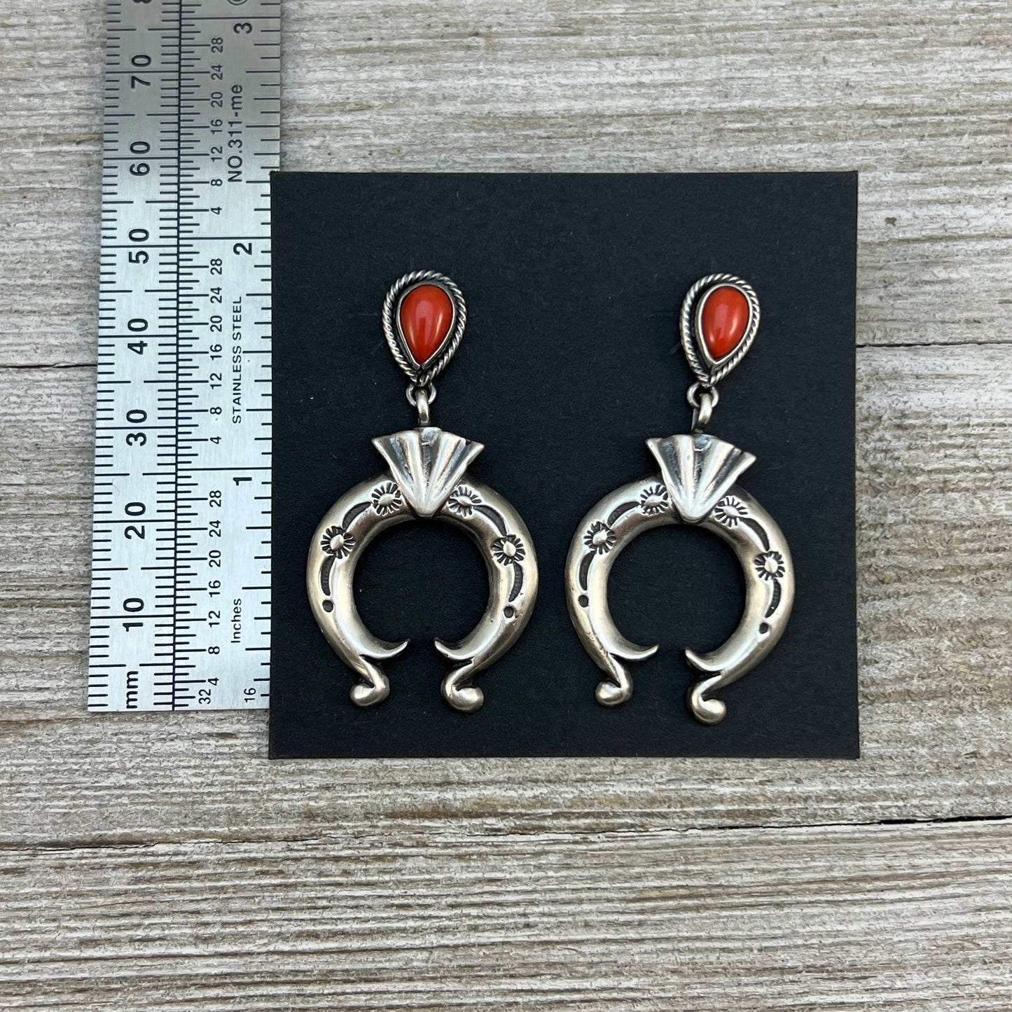 Mediterranean red coral dangle Naja earrings sterling silver Navajo Paige Gordon