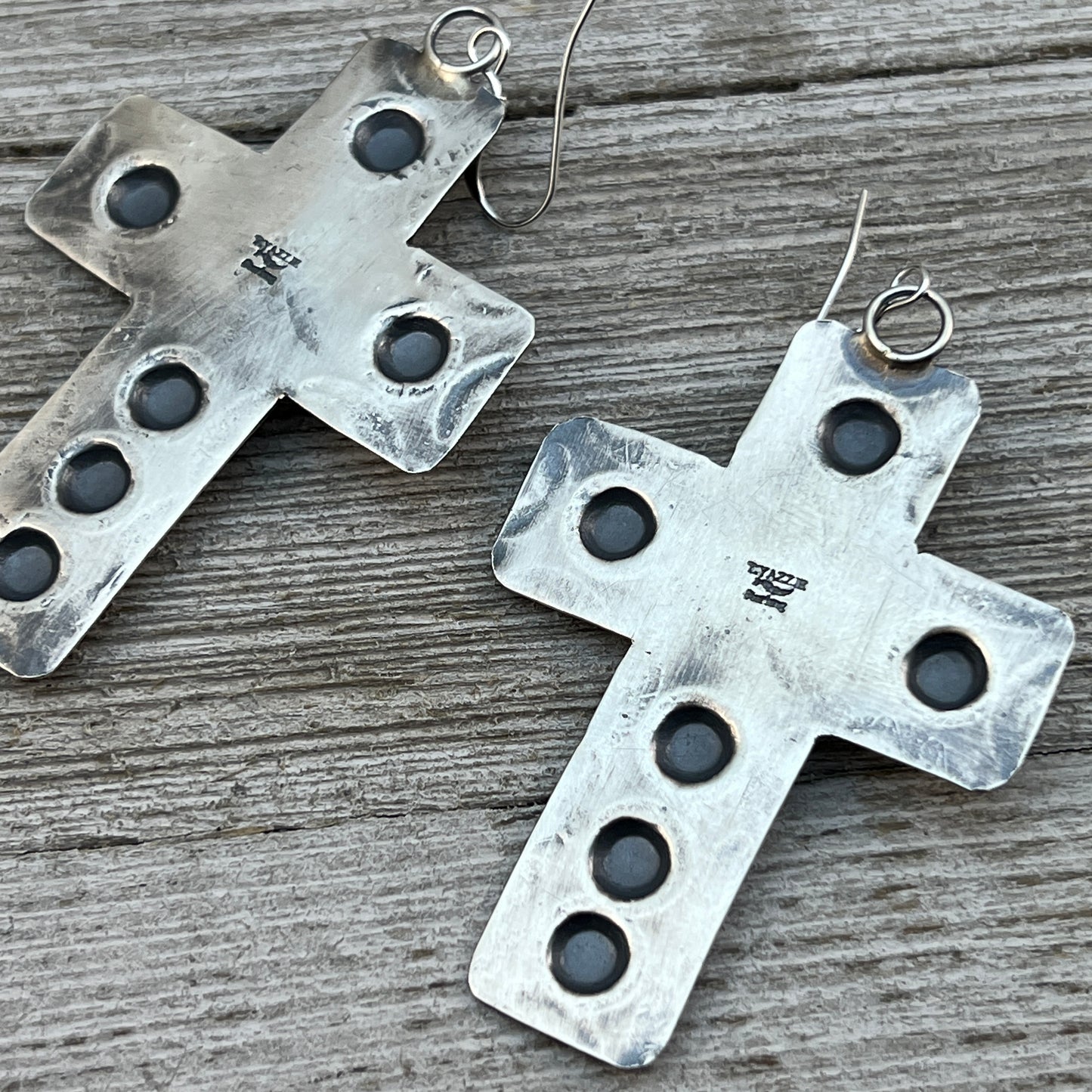 Navajo handmade large cross dangle earrings sterling silver turquoise Tim Yazzie 398