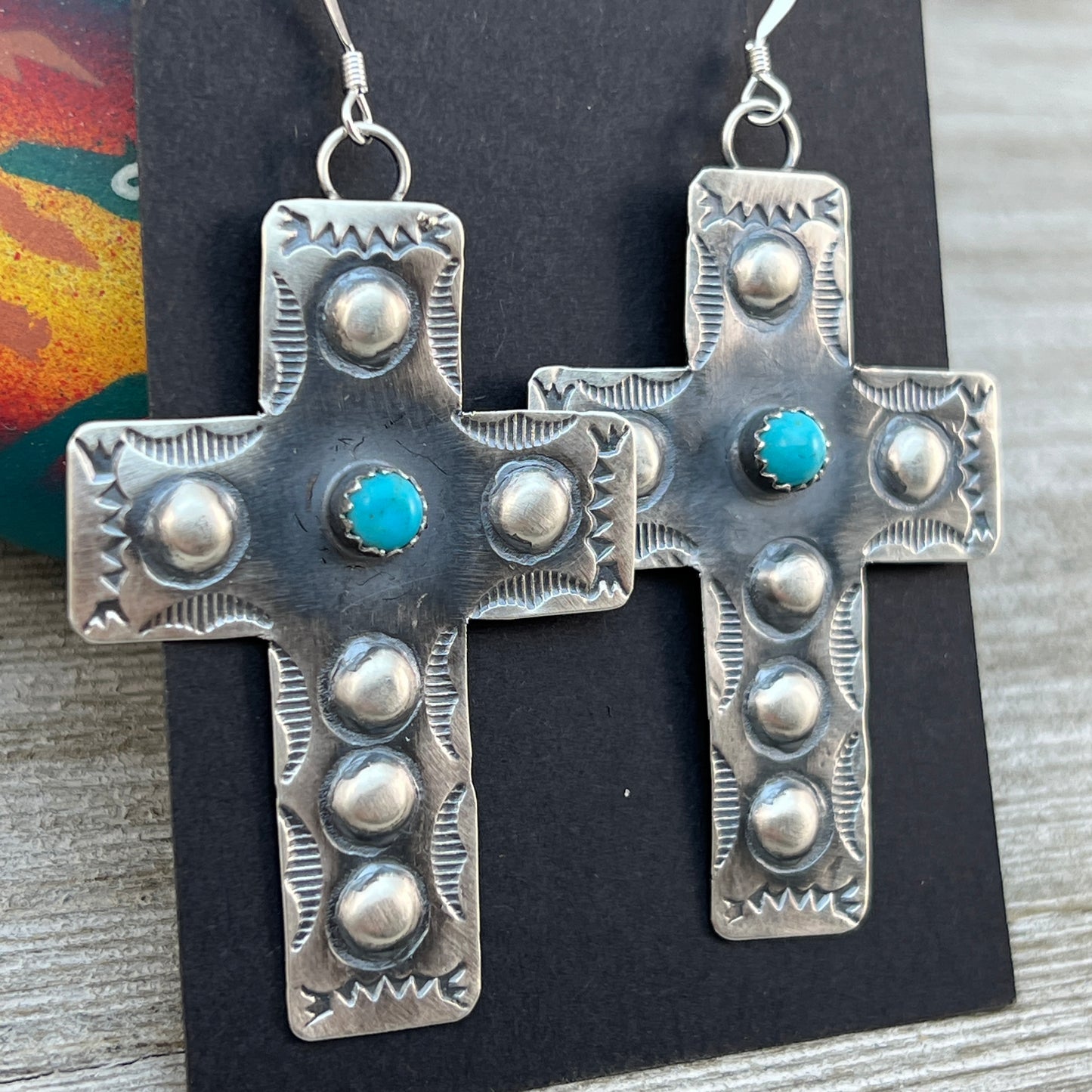 Navajo handmade large cross dangle earrings sterling silver turquoise Tim Yazzie 397