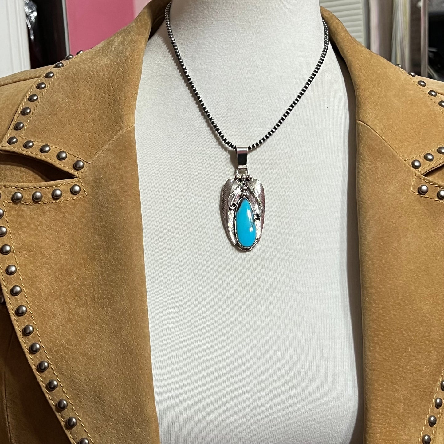 Blue Kingman turquoise with matrix pendant #3, Navajo handmade Davey Morgan, sterling silver