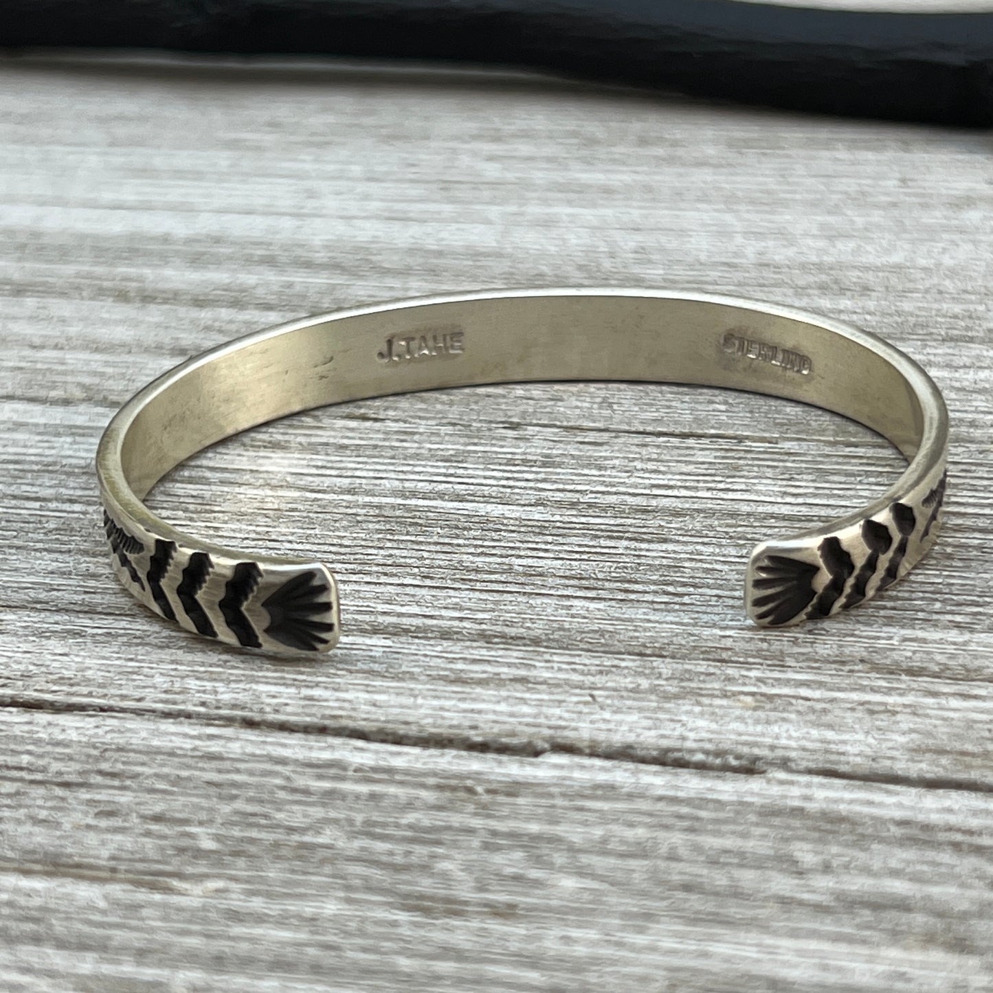 7.25" Sterling silver narrow deep stamped Cuff Bracelet Navajo Jerrold Tahe men's boho