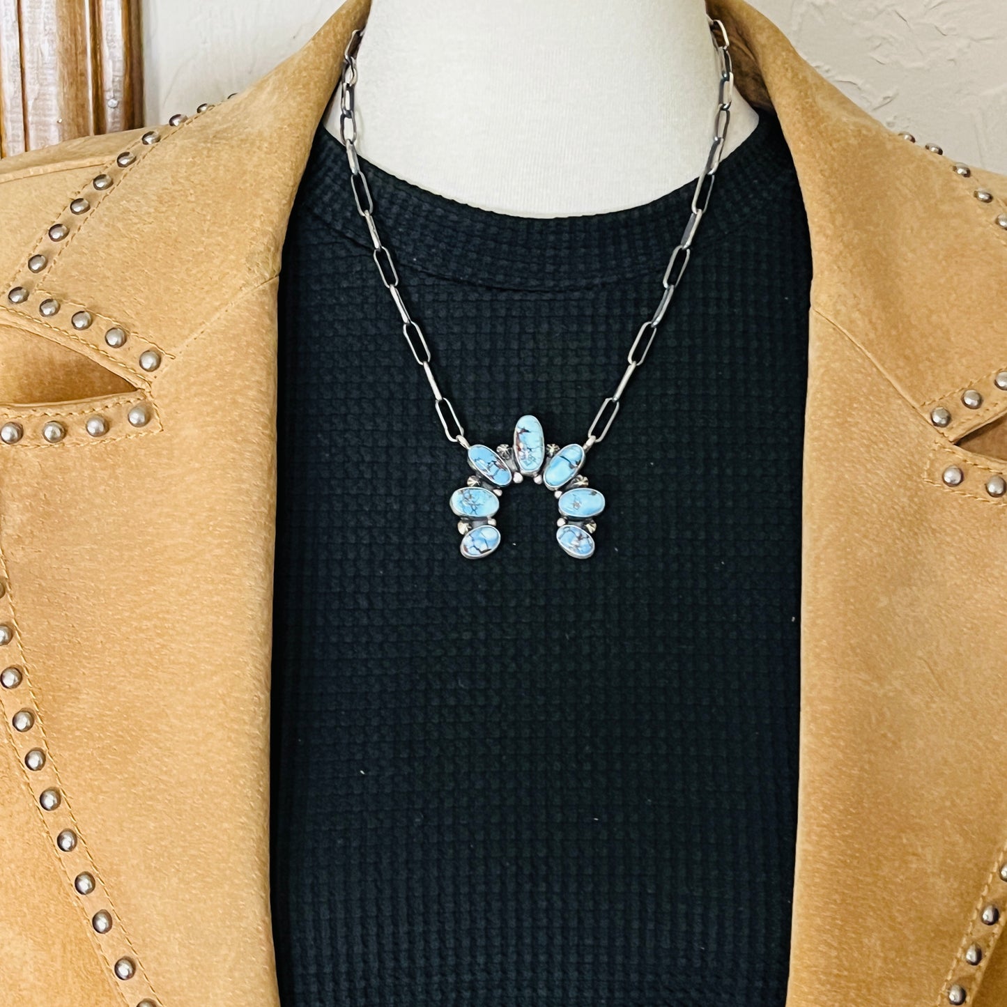 Golden Hills Turquoise Naja Necklace Sterling Silver Handmade paperclip Chain Darrin Livingston