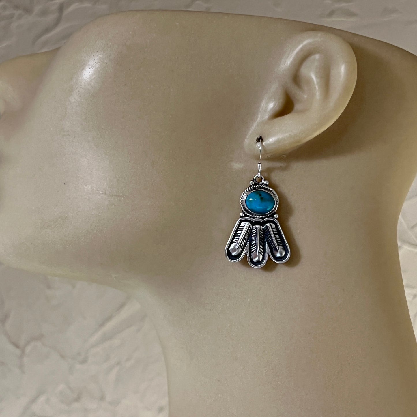 Turquoise feather dangle earrings sterling silver Navajo Sharon McCarthy 454