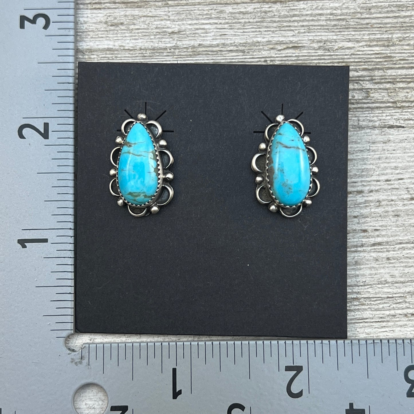 Blue Kingman Turquoise teardrop stud earrings sterling silver Freda Martinez
