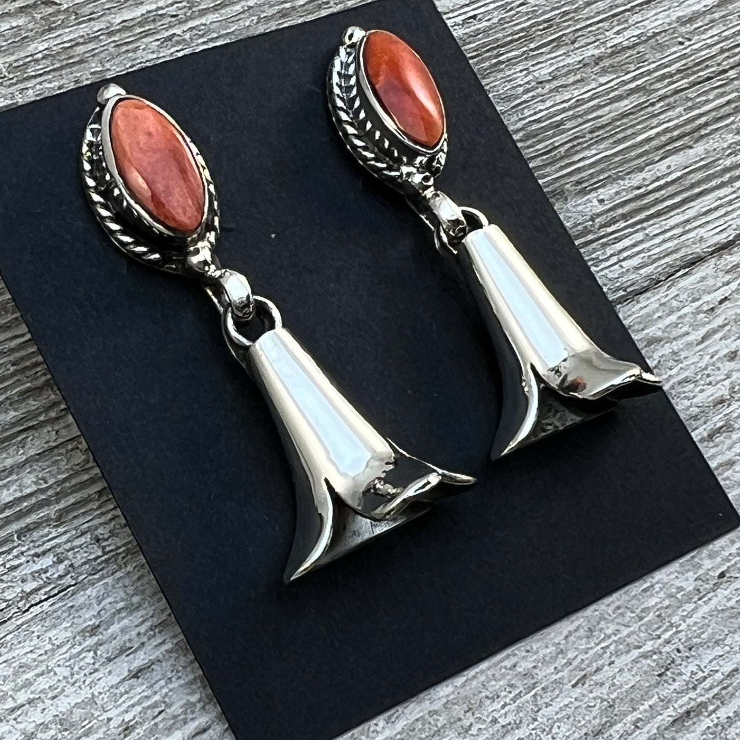 Orange Spiny Squash Blossom dangle earrings sterling silver turquoise Sheena Jack 408