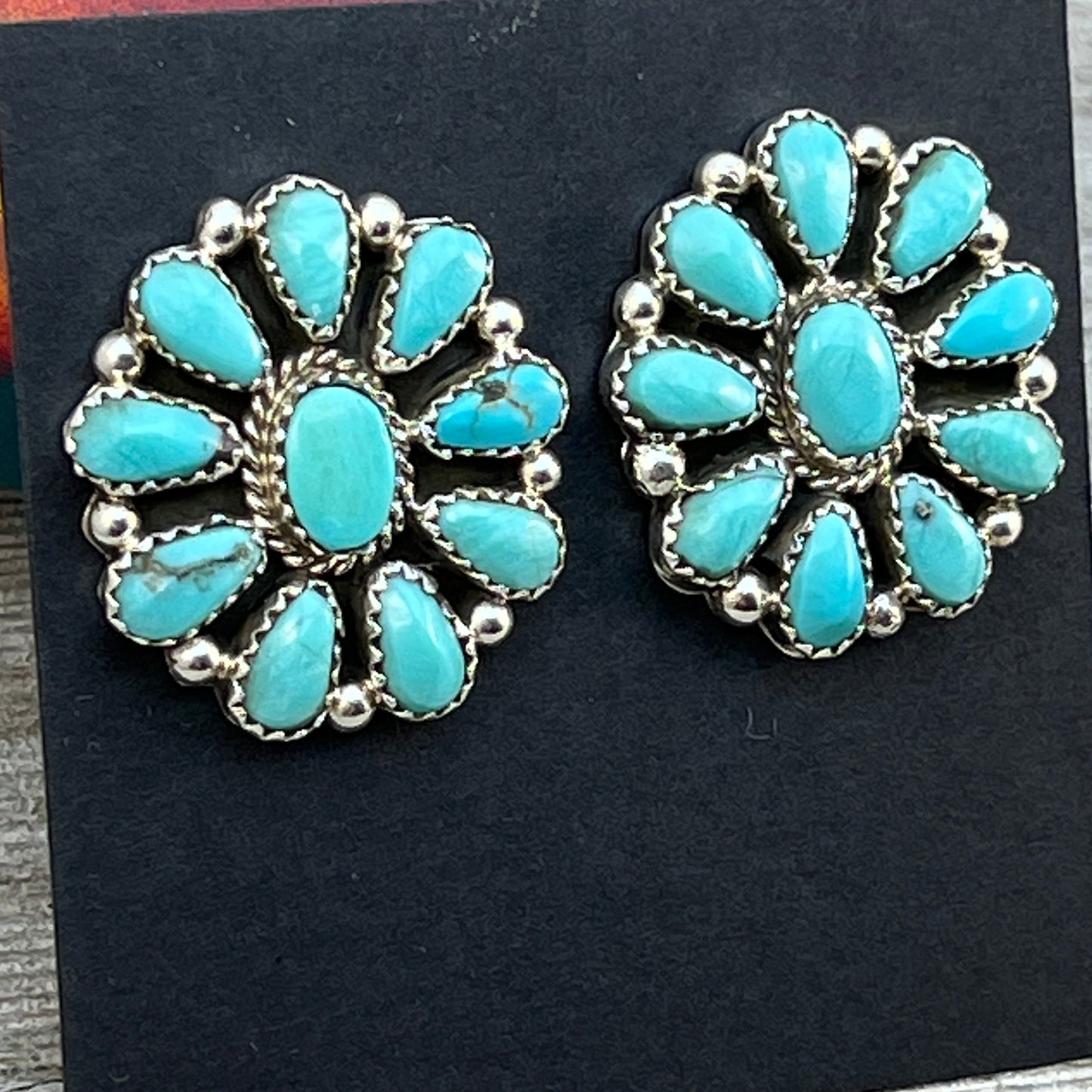 Blue Turquoise petit point cluster stud Earrings sterling silver Navajo Eunise Wilson