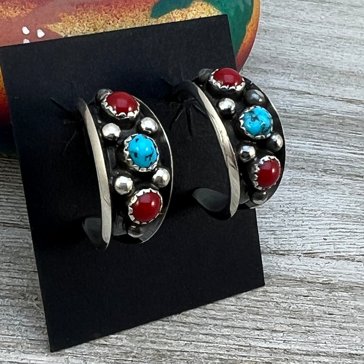 7/8" Turquoise Red Coral Hoop Earrings Navajo handmade by Paul Largo sterling silver 1