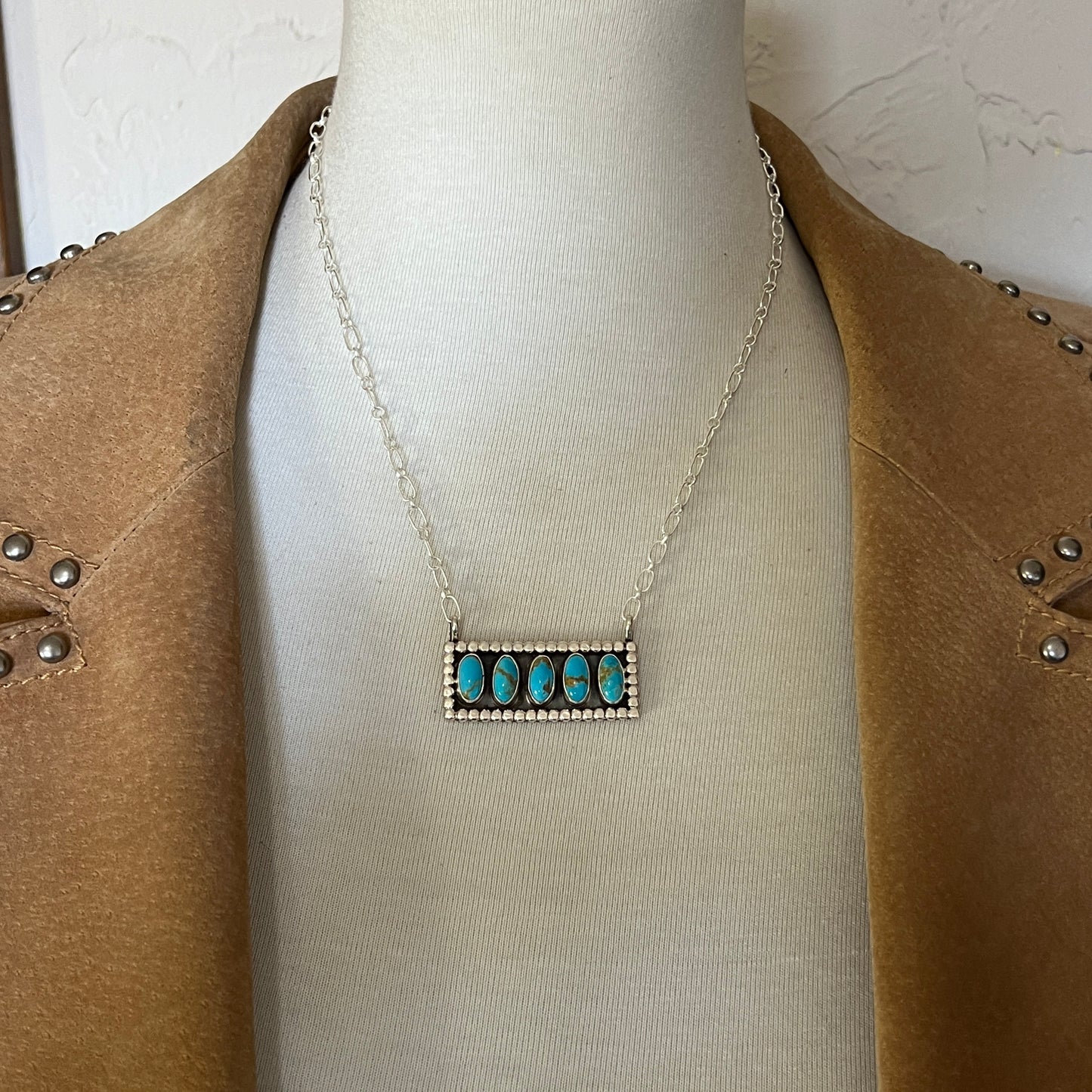 18" Blue Campitos turquoise rectangle bar necklace #6, Navajo handmade, sterling silver