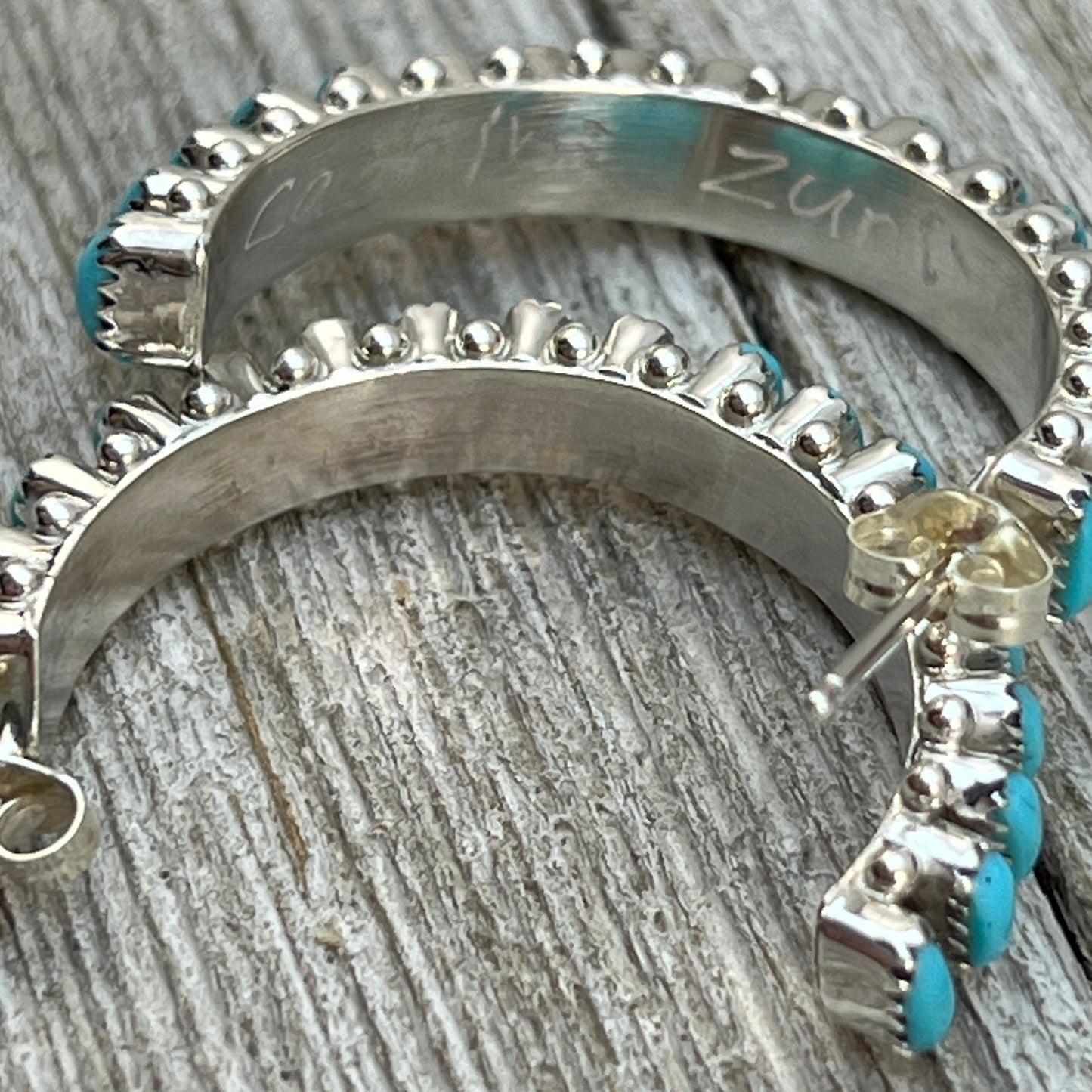 Turquoise 1 1/4" narrow turquoise zuni hoop earrings sterling silver Bernard Cachini