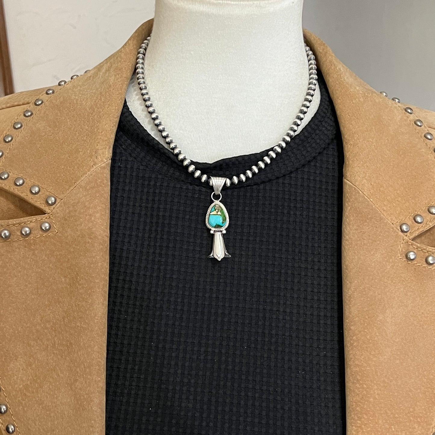16" sterling silver 5mm bead necklace squash blossom pendant Sonoran Gold Navajo Samuel Yellowhair