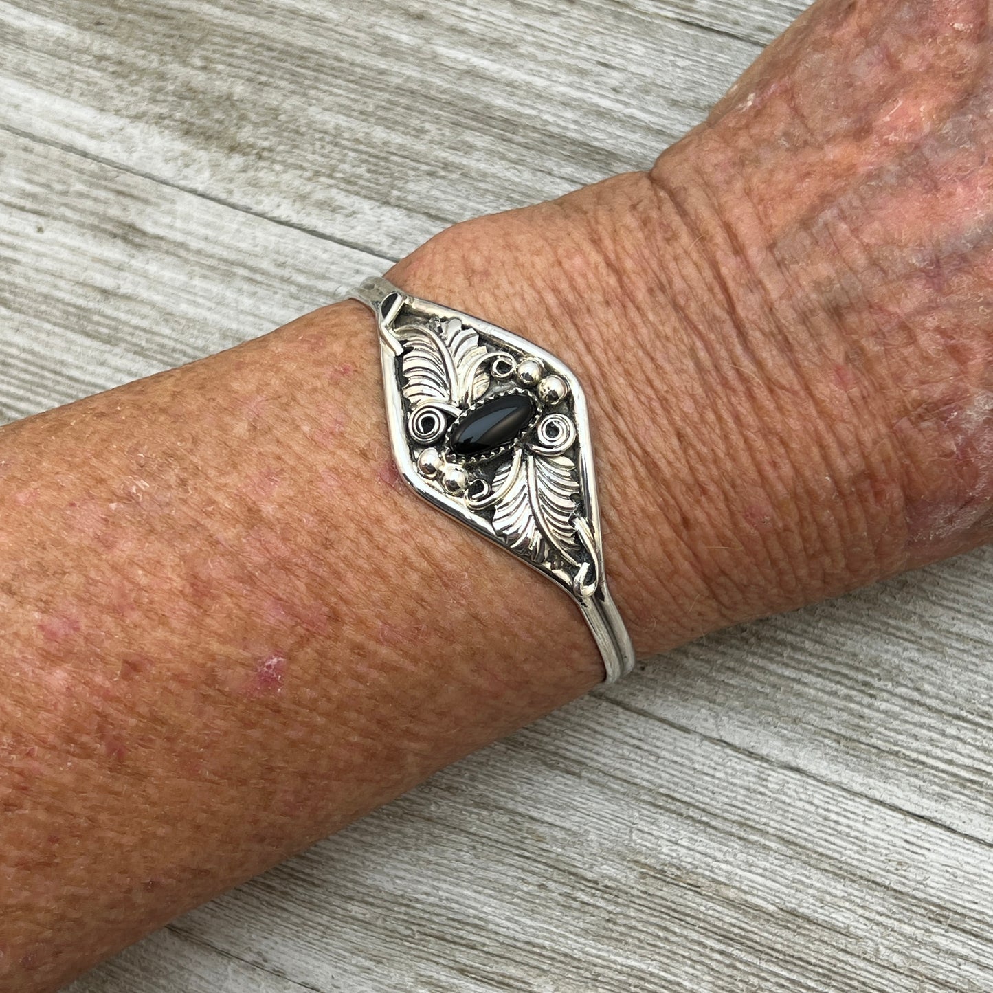 6 1/2" Stamped Navajo sterling silver Black Onyx cuff bracelet Harry Yazzie BR64