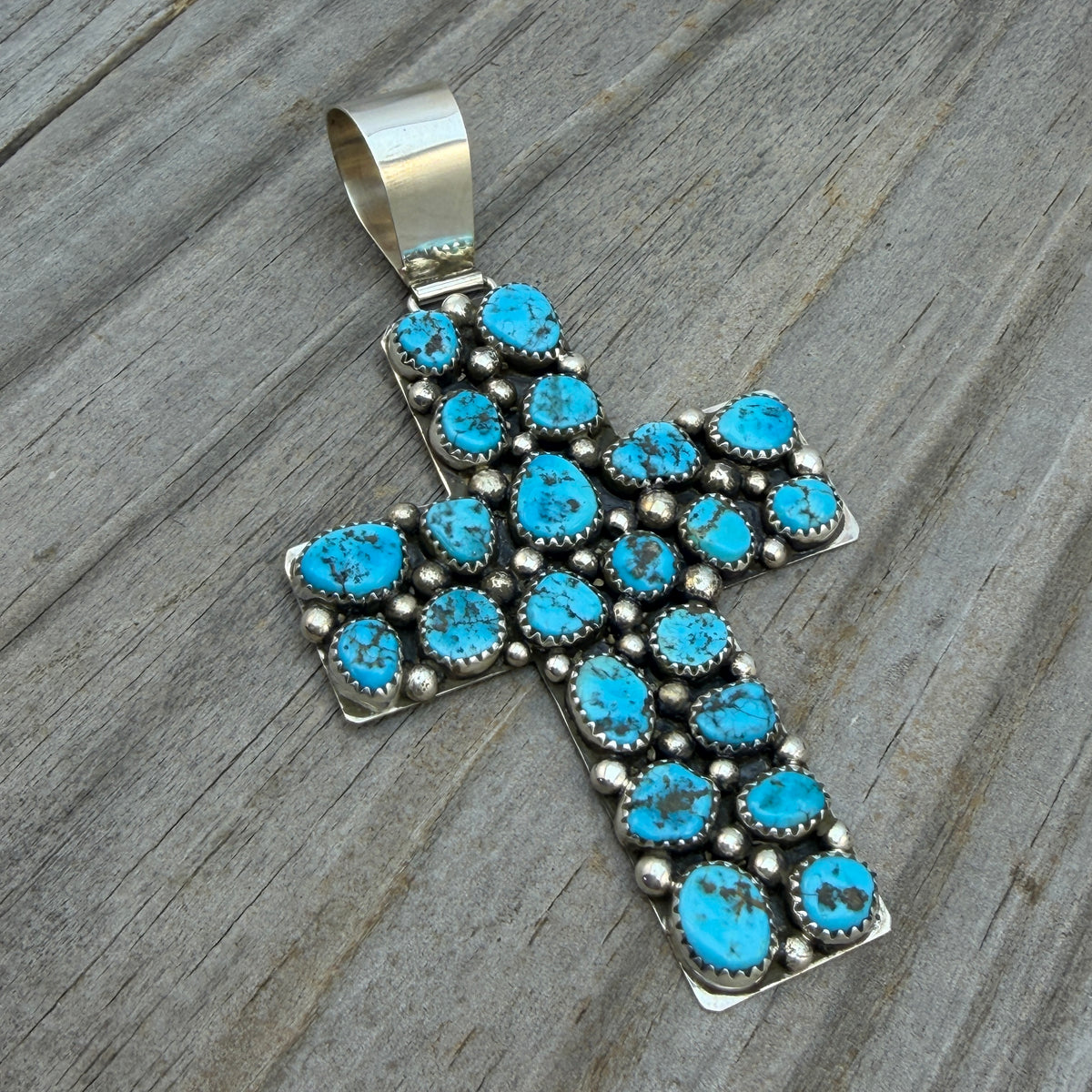 Kingman Turquoise Cross Pendant Melvin Jones Navajo handmade Sterling silver PD2