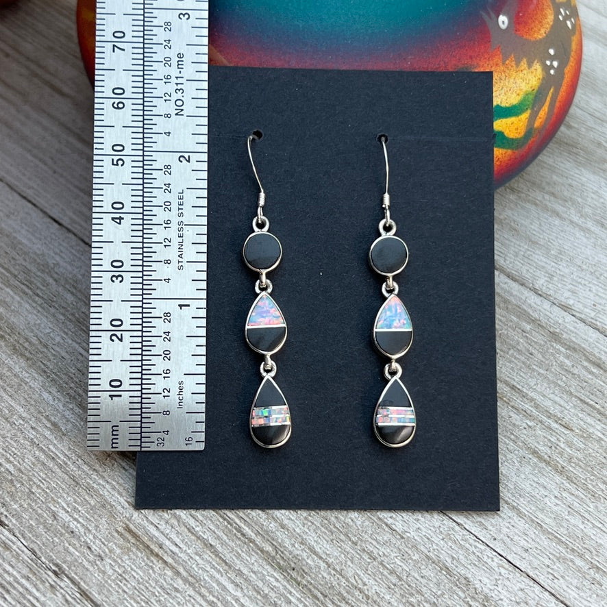 Elegant modern inlay dangle earrings Black Jet Opal Navajo handmade James Manygoats