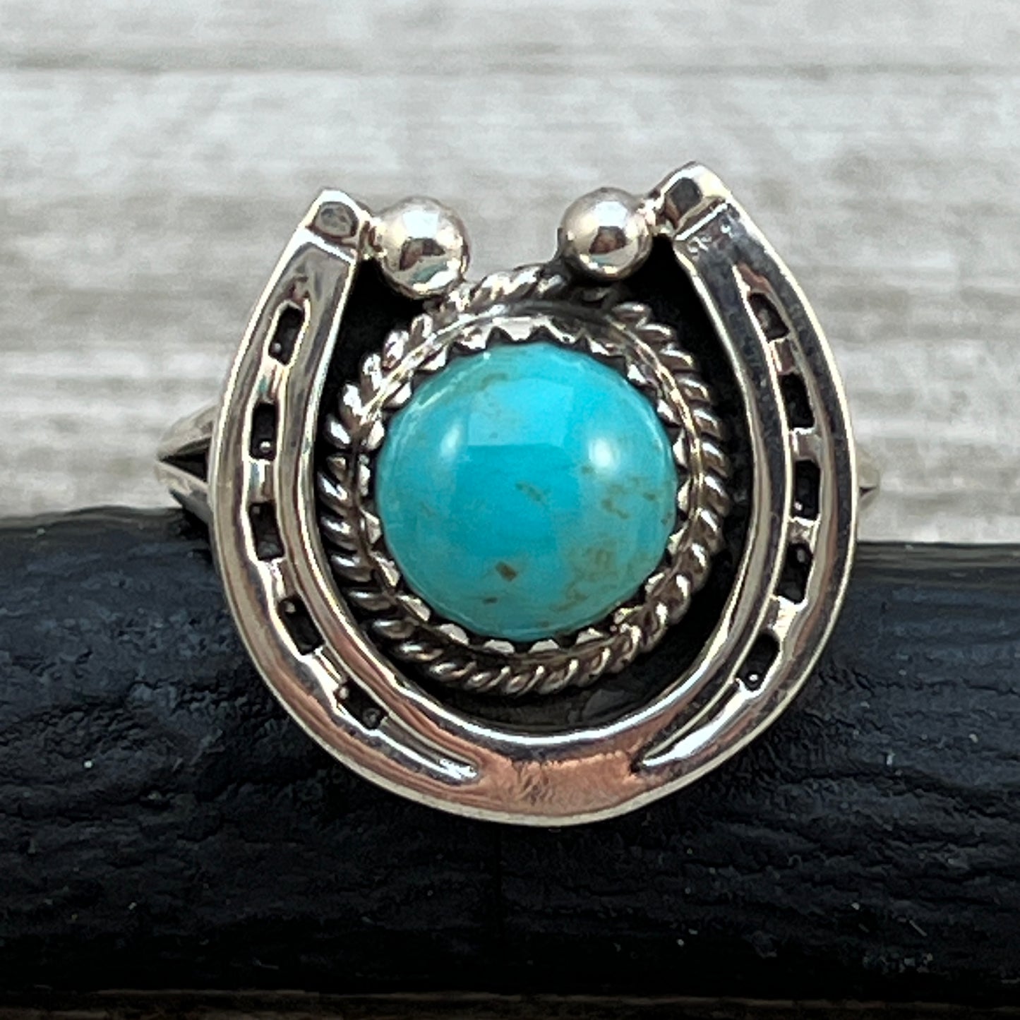 Size 7 1/2 Campitos Turquoise sterling silver horseshoe ring western equestrian jewelry Rodeo