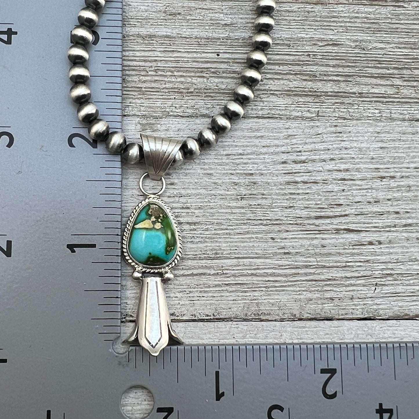 16" sterling silver 5mm bead necklace squash blossom pendant Sonoran Gold Navajo Samuel Yellowhair
