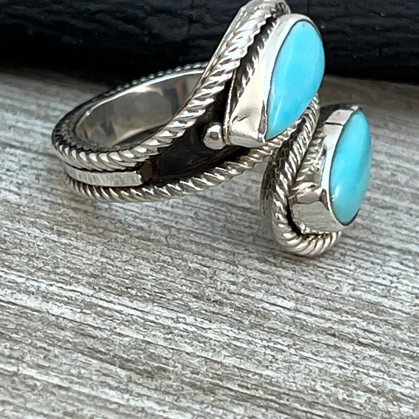 Size 7.5 Light Blue Turquoise Wrap Sterling Silver Ring handmade Kenny Lonjose
