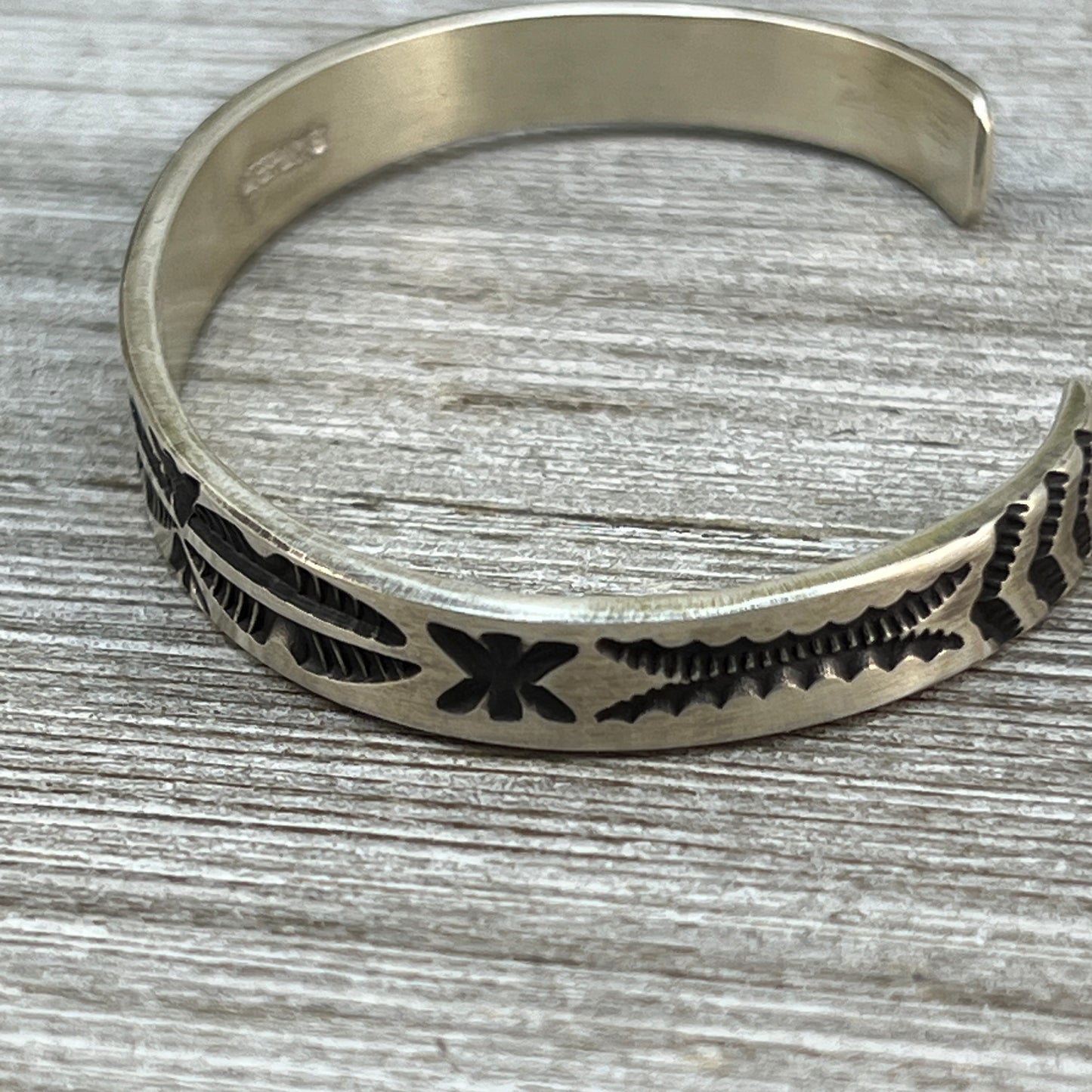 7.25" Sterling silver narrow deep stamped Cuff Bracelet Navajo Jerrold Tahe men's boho