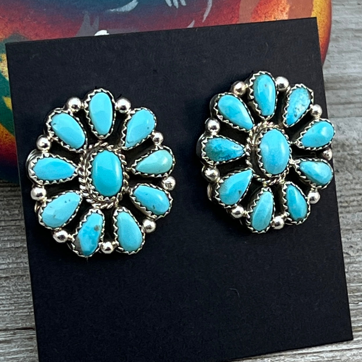 Blue Turquoise petit point cluster stud Earrings sterling silver Navajo Eunise Wilson