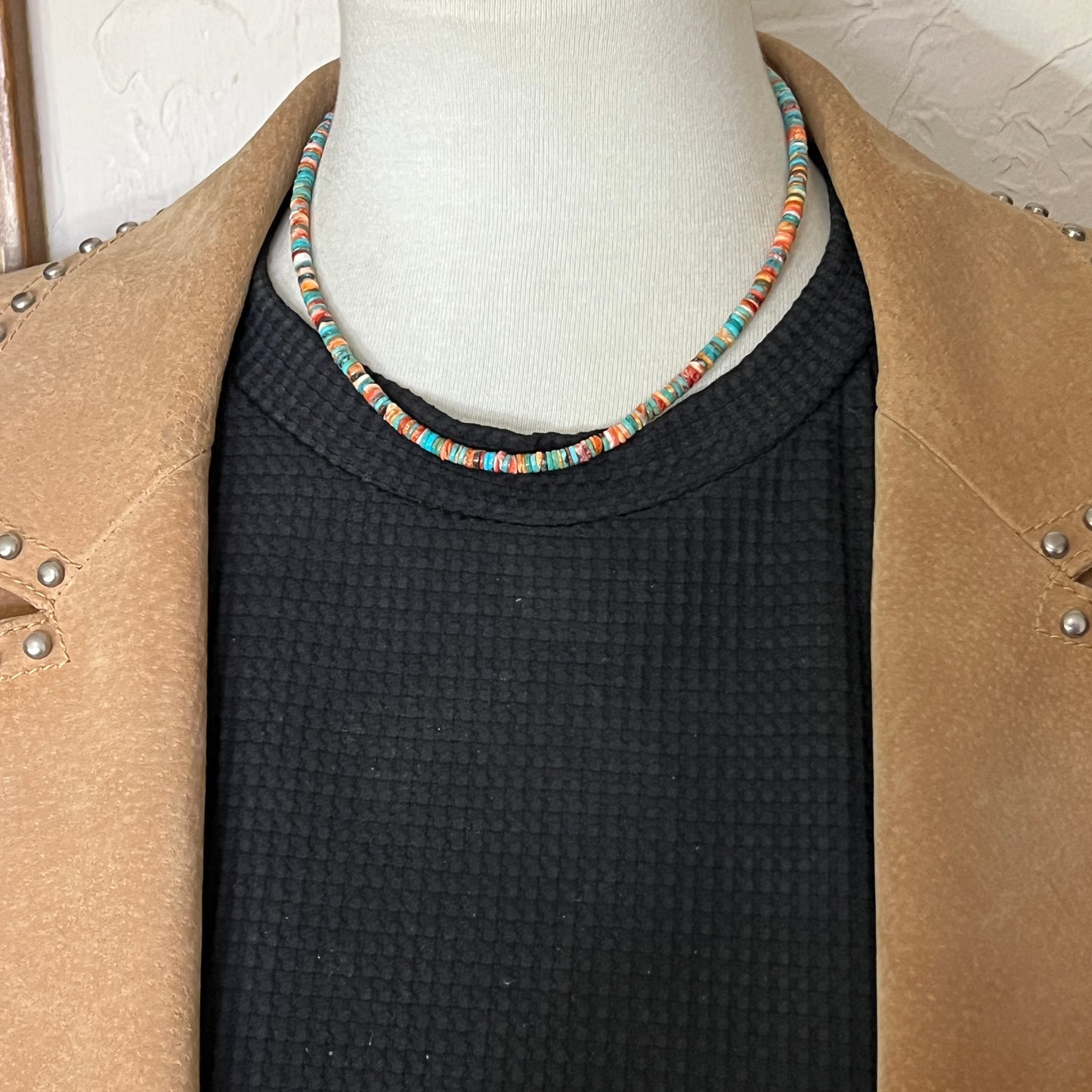 16" turquoise red orange spiny shell heishi bead necklace choker Doreen Jake Navajo 783