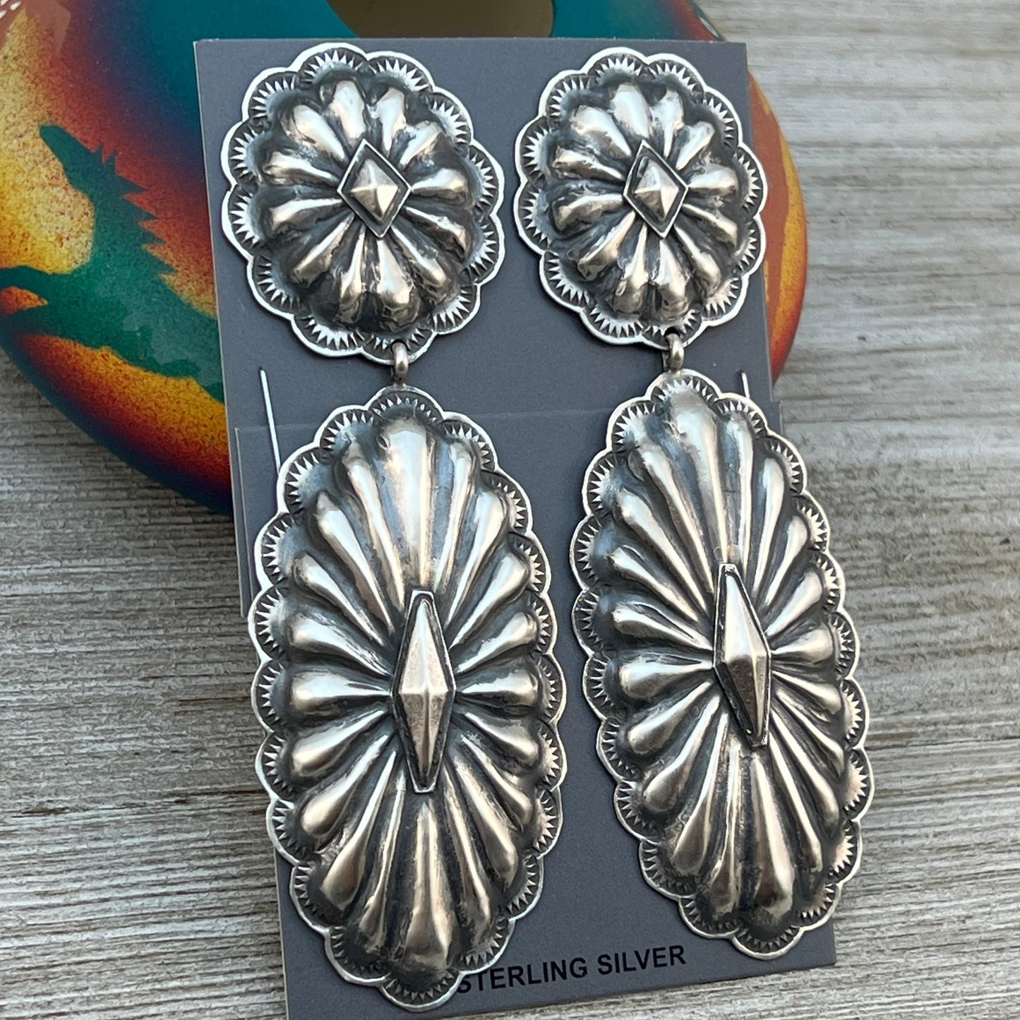 Navajo handmade large Concho long dangle earrings sterling silver Rita Lee