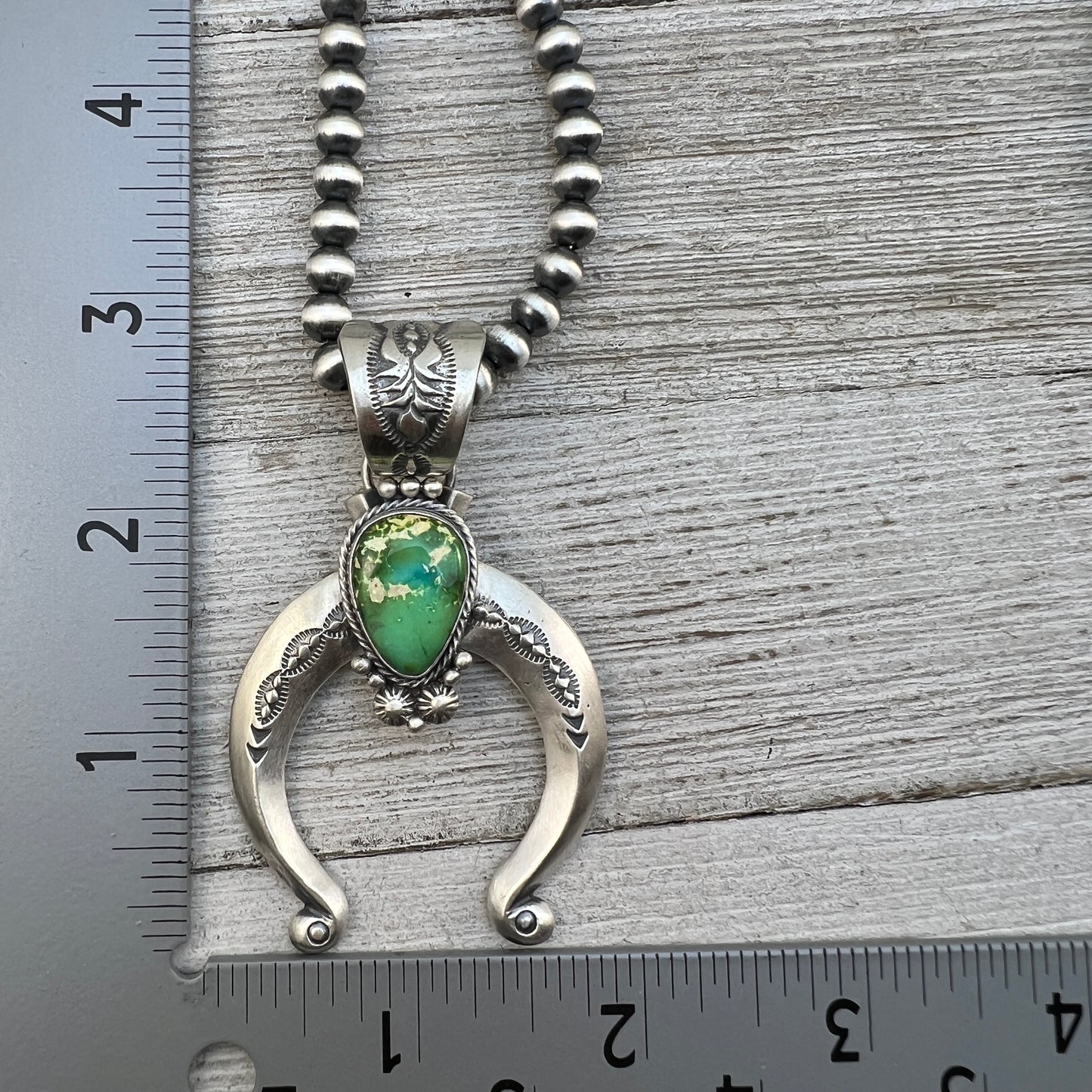 18" Sonoran Gold Turquoise Naja Necklace 6mm Sterling silver beads Samuel Yellowhair 475