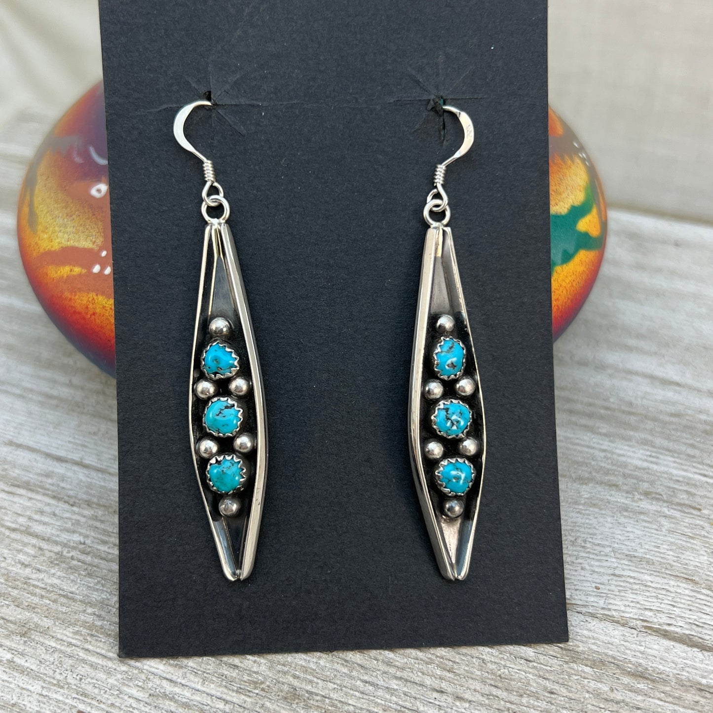 7/8" Blue Turquoise Earrings Navajo handmade by Paul Largo sterling silver 2