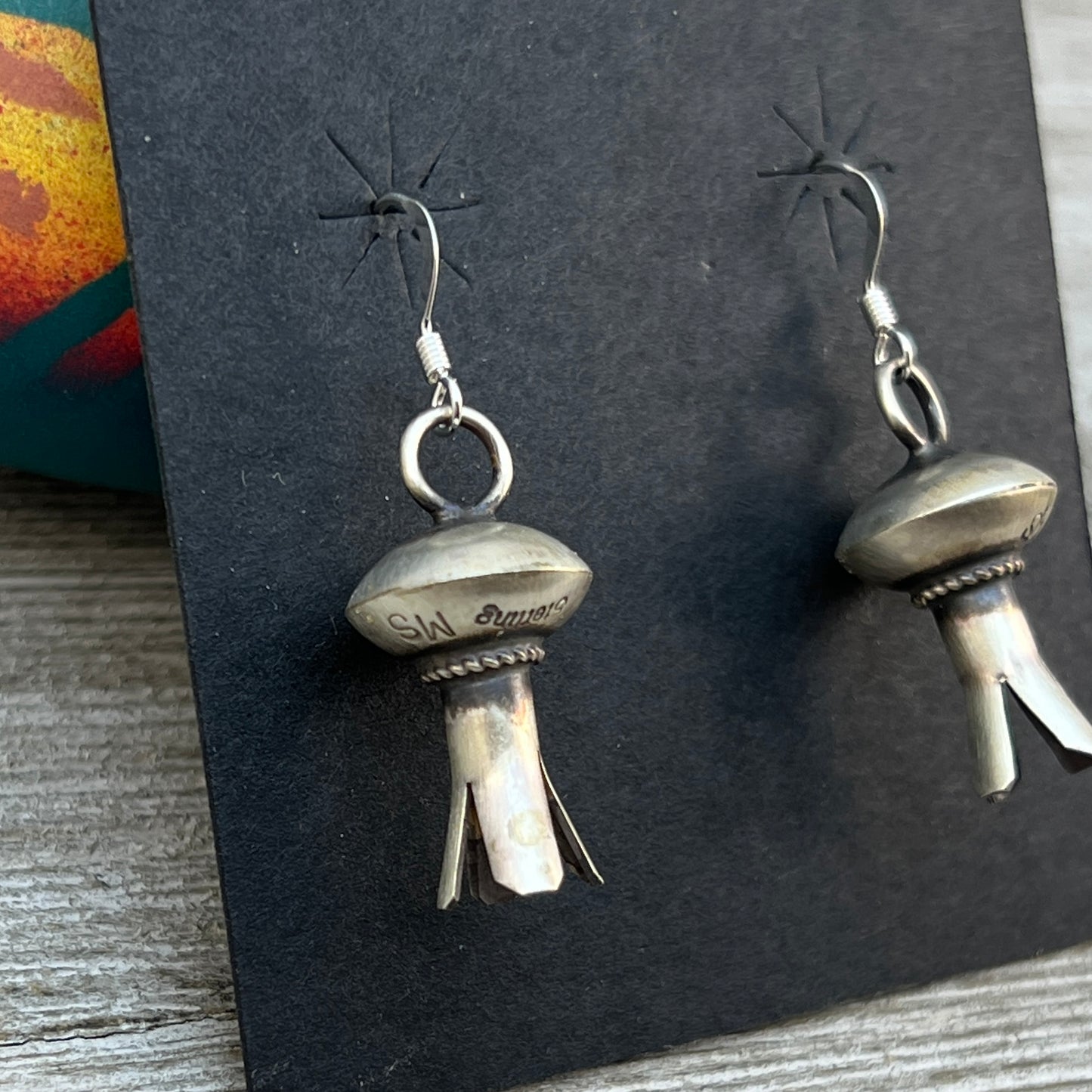 Small lightweight all silver squash blossom dangle earrings Sterling silver Monica Smith