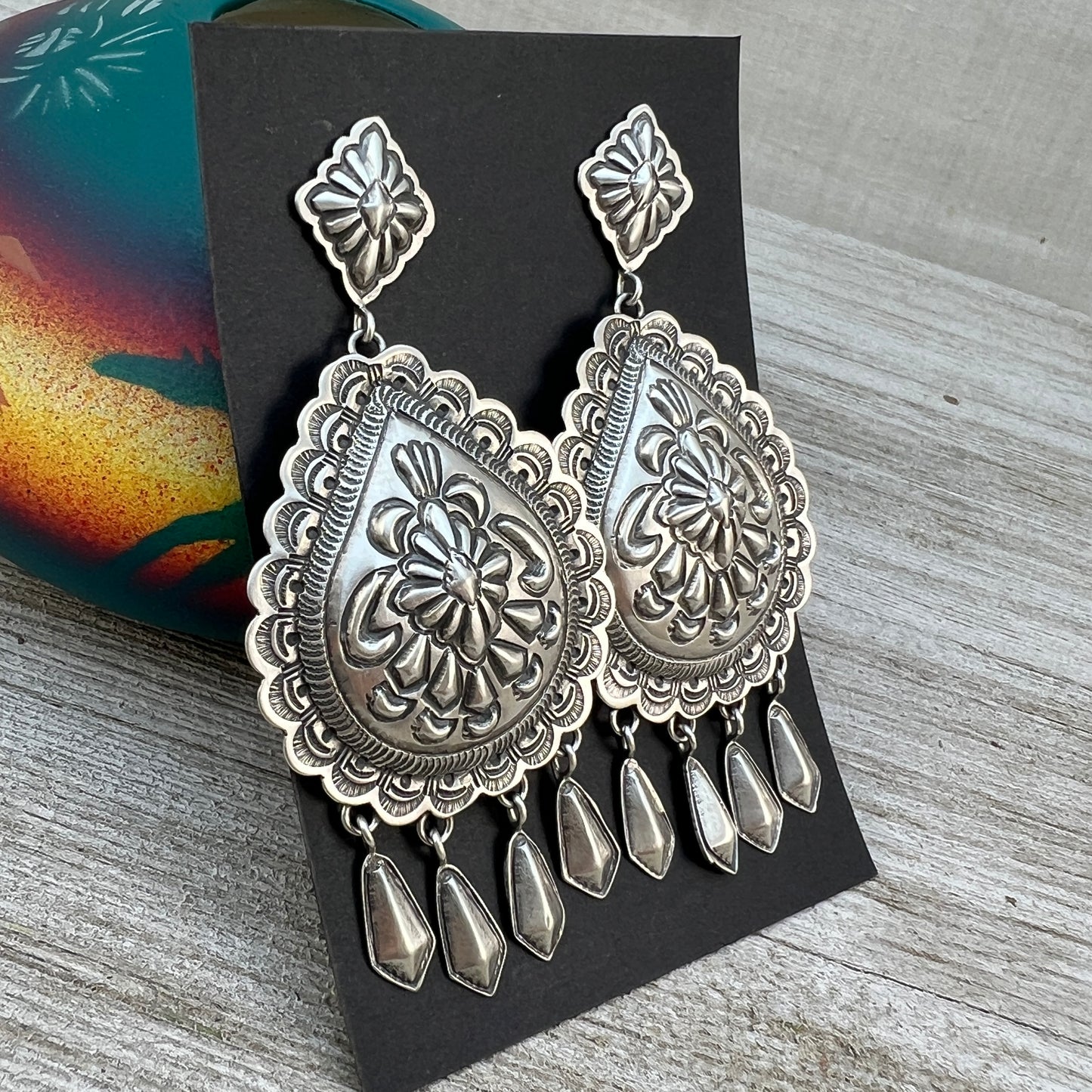 Lightweight Stamped concho dangle earrings, sterling silver turquoise Navajo Terry Charlie