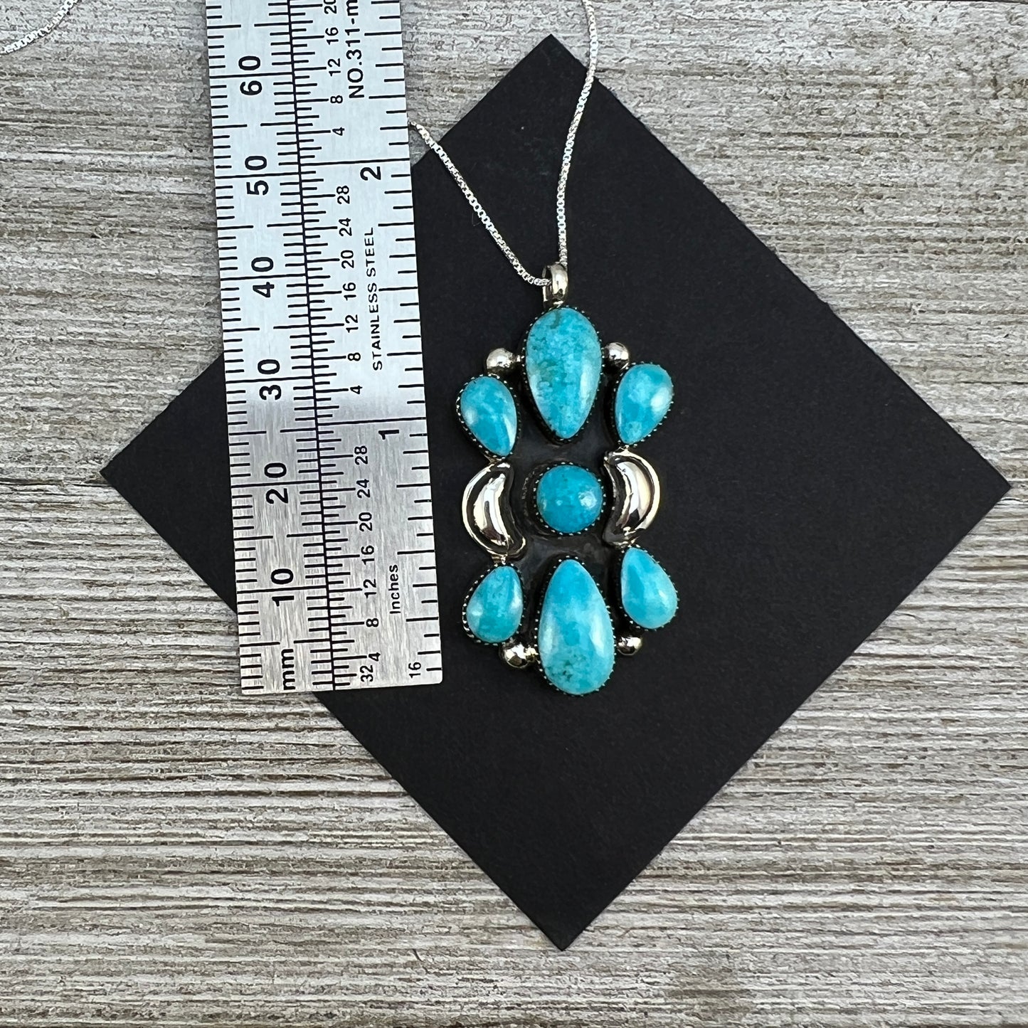 18" blue turquoise cluster necklace pendant Sterling silver Navajo handmade Marie Bahe 1