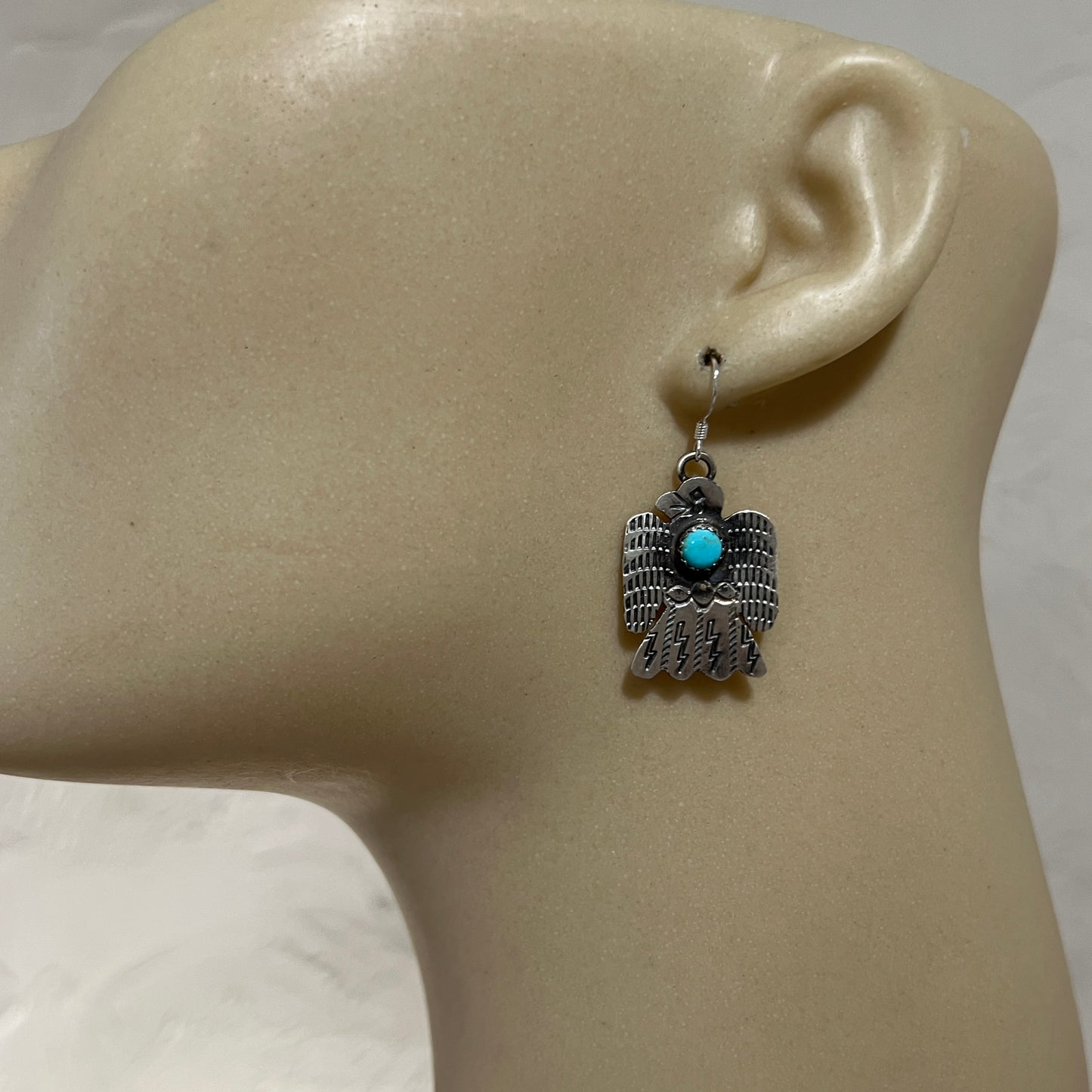 Lightweight rustic Thunderbird dangle earrings turquoise sterling silver Gabrielle Yazzie 4