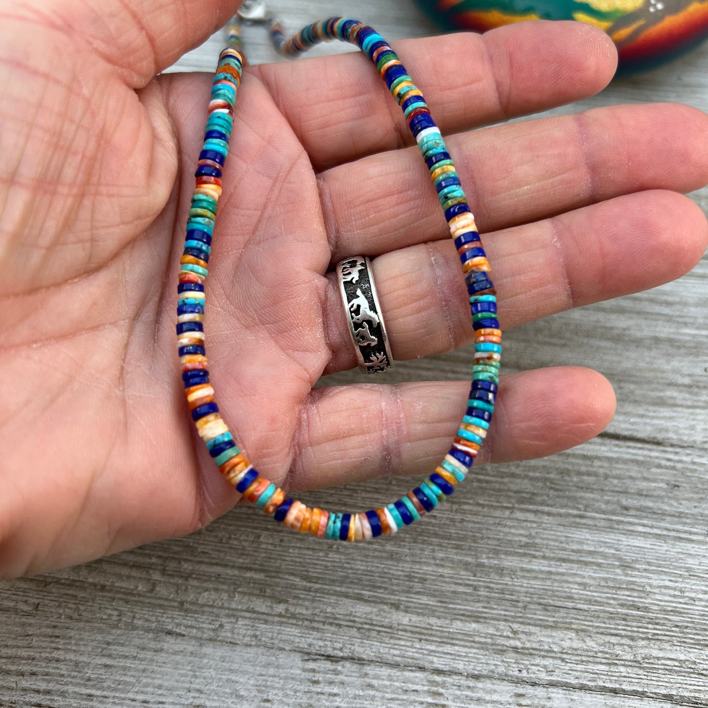 17", 4mm heishi bead necklace choker, blue turquoise lapis red orange spiny oyster shell